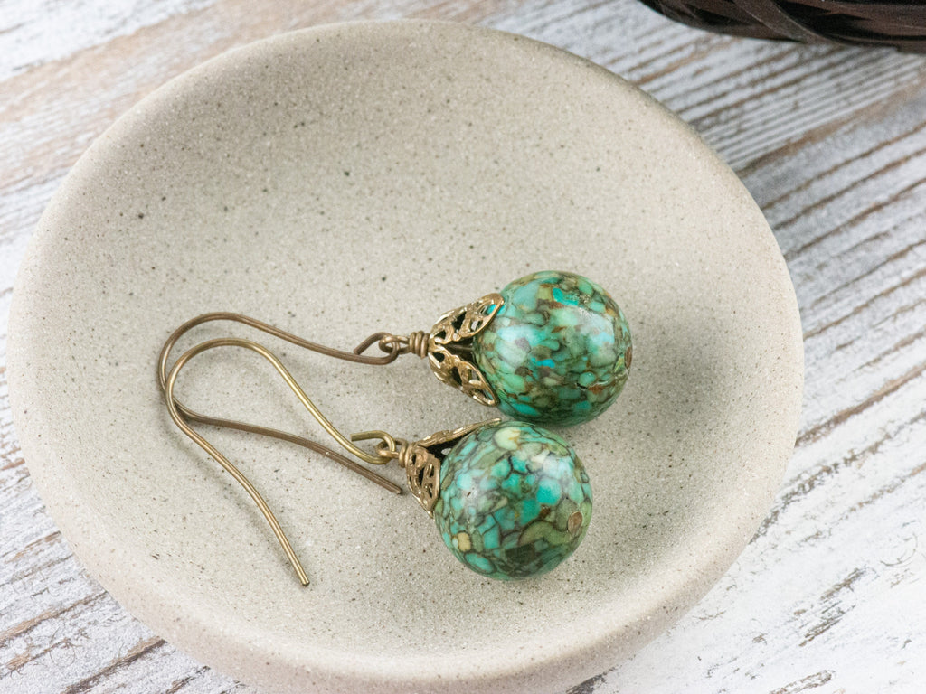 Mosaic Blue Green Turquoise Filigree Brass Earrings / Handmade Earrings / Earthy Brass Jewelry