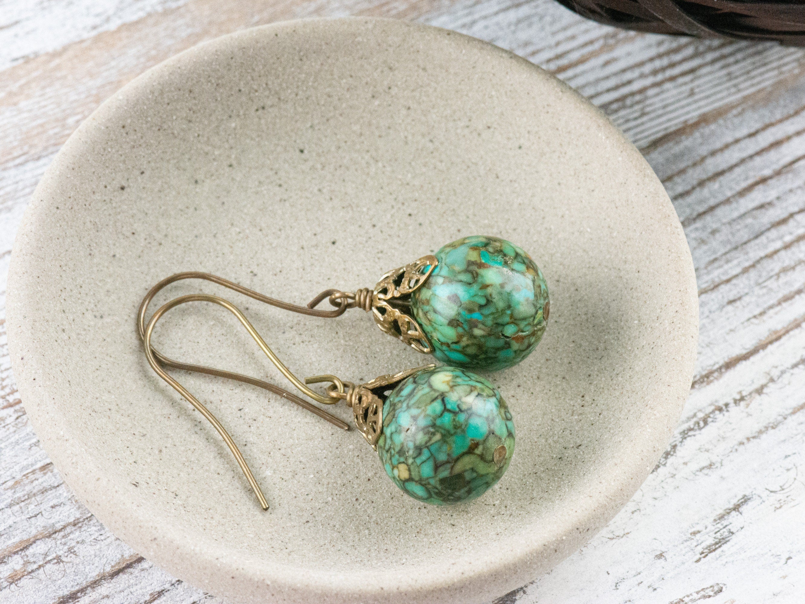Mosaic Blue Green Turquoise Filigree Brass Earrings / Handmade Earrings / Earthy Brass Jewelry