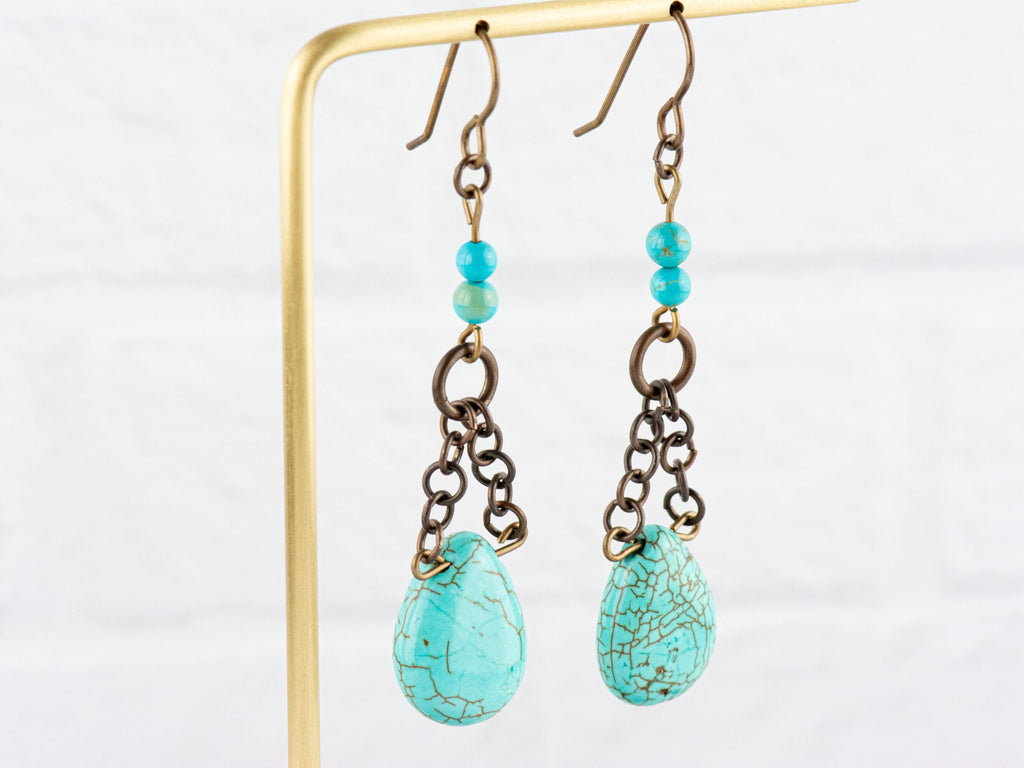 Howlite Chain Teardrop Brass Earrings • Turquoise Blue • Handmade Jewelry • Boho Style Earthy Jewelry • Jewelry Gift for Her