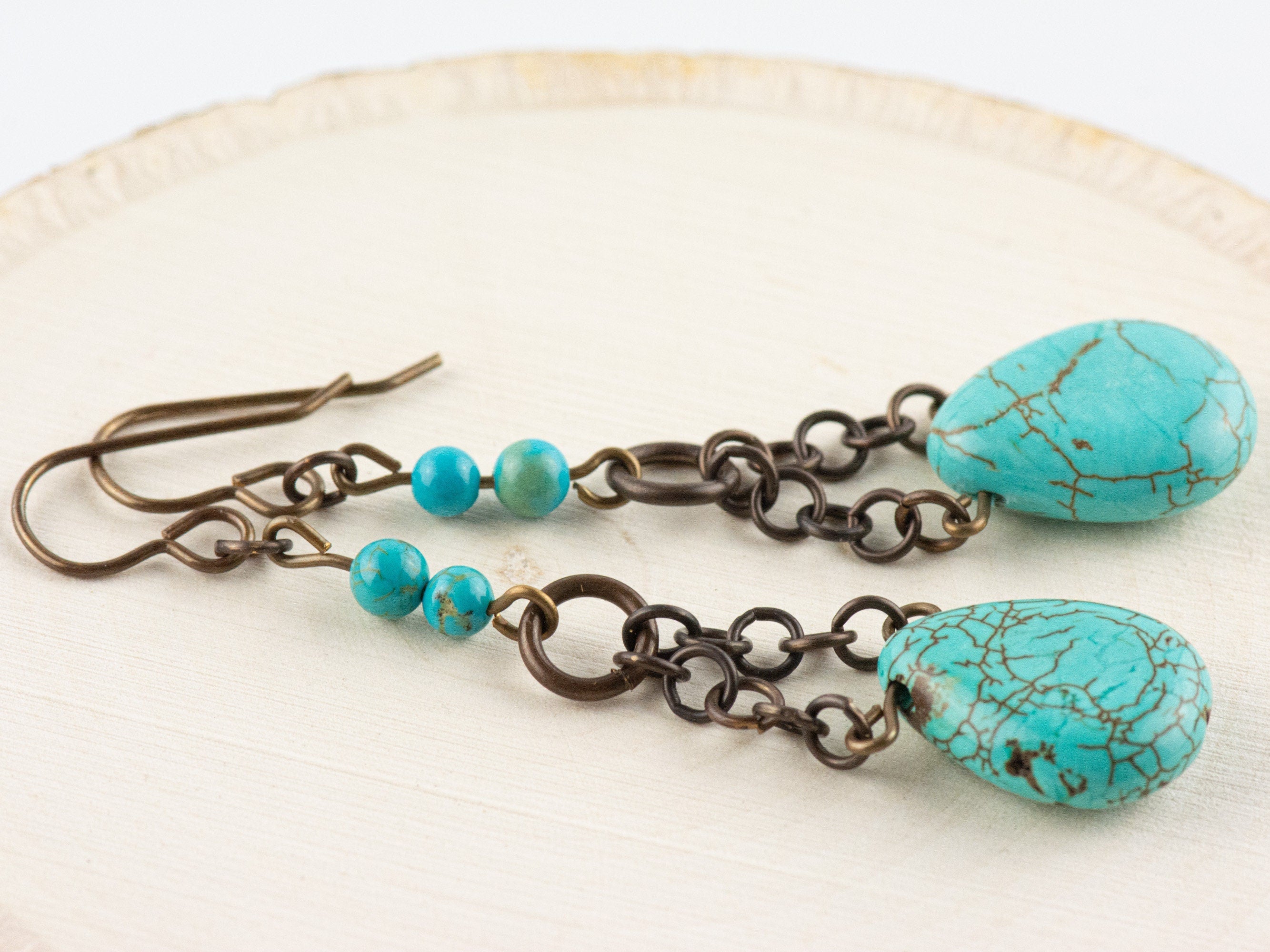 Howlite Chain Teardrop Brass Earrings • Turquoise Blue • Handmade Jewelry • Boho Style Earthy Jewelry • Jewelry Gift for Her