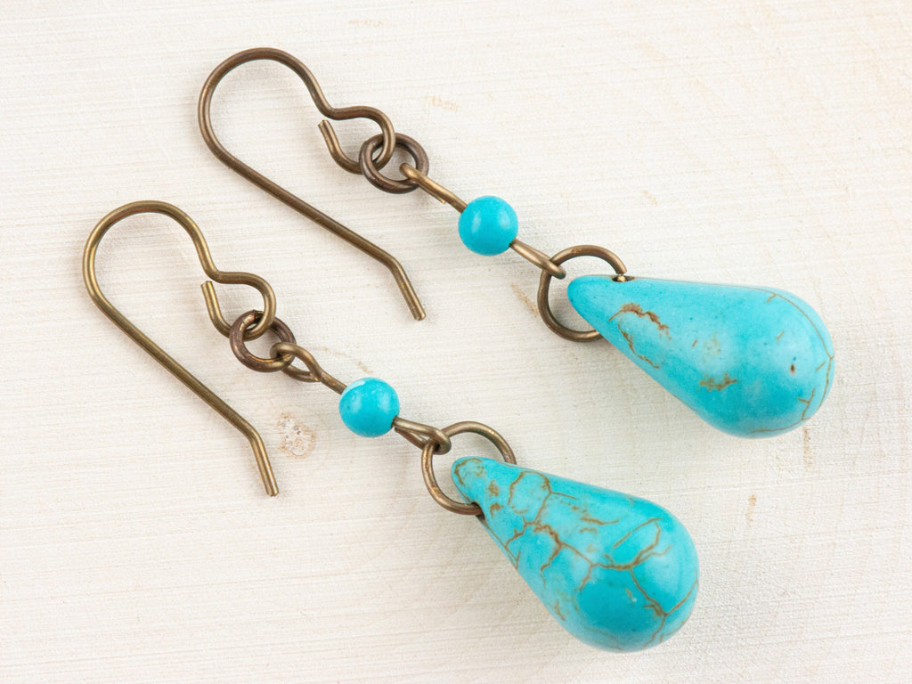 Howlite Teardrop Brass Earrings • Turquoise Blue • Handmade Earrings • Boho Style Earthy Jewelry • Jewelry Gift for Her
