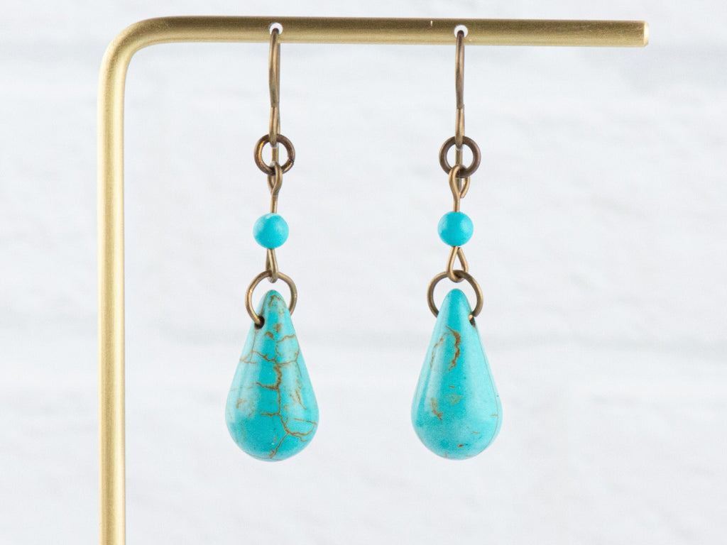 Howlite Teardrop Brass Earrings • Turquoise Blue • Handmade Earrings • Boho Style Earthy Jewelry • Jewelry Gift for Her