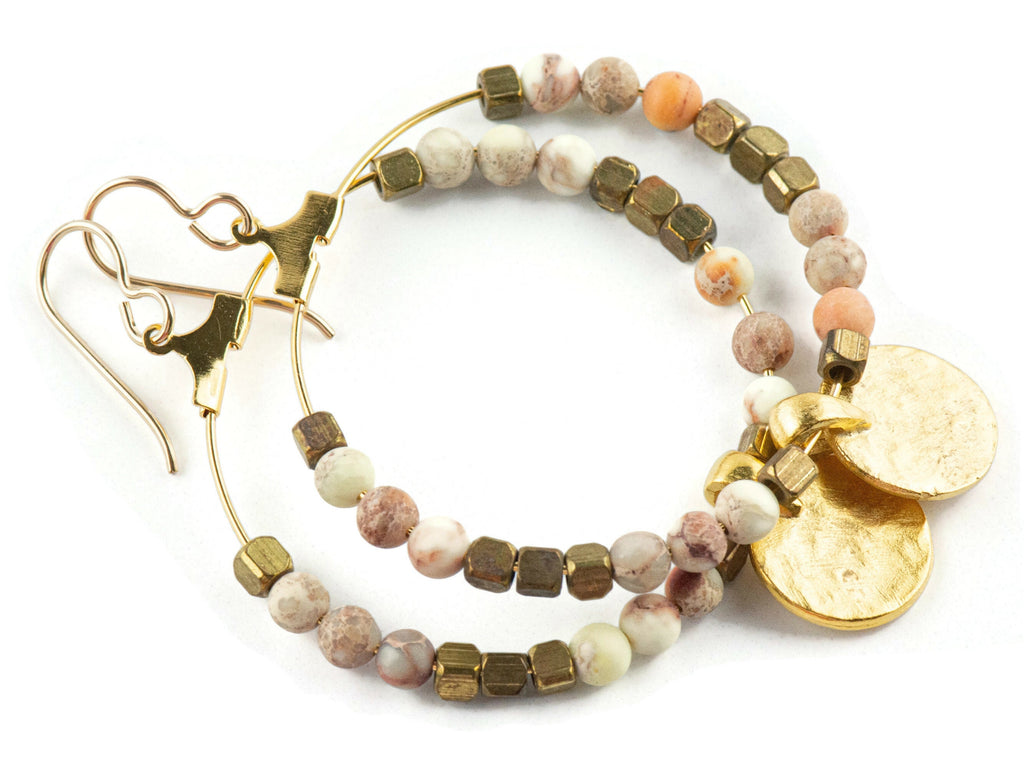 Natural White Impression Jasper Gold Coin Hoop Earrings • Gemstone Jewelry • Boho Dangle Earrings • Jewelry Gift for Her