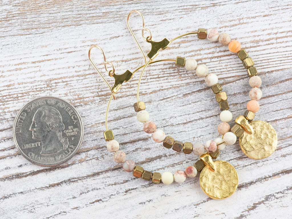 Natural White Impression Jasper Gold Coin Hoop Earrings • Gemstone Jewelry • Boho Dangle Earrings • Jewelry Gift for Her