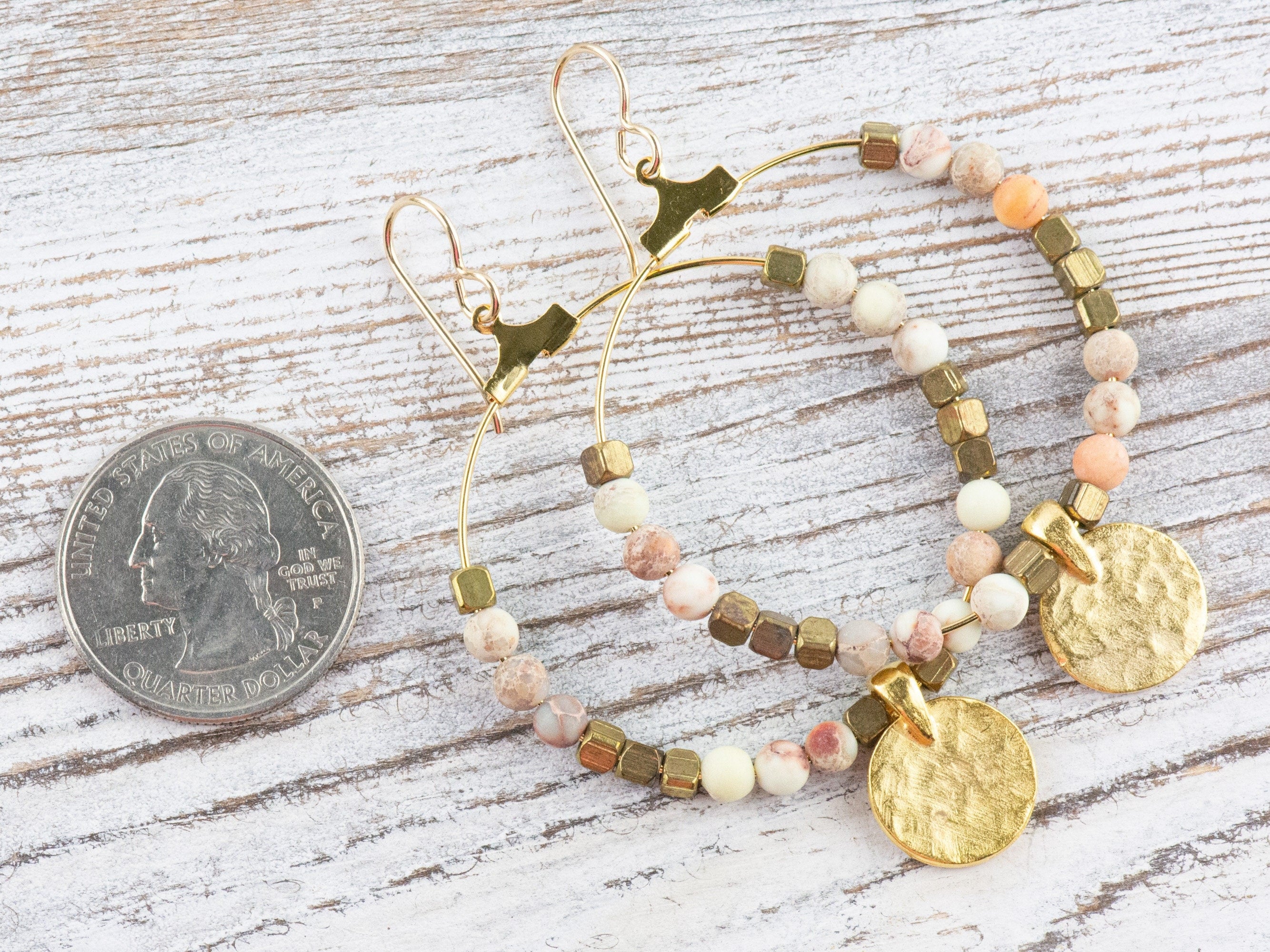 Natural White Impression Jasper Gold Coin Hoop Earrings • Gemstone Jewelry • Boho Dangle Earrings • Jewelry Gift for Her