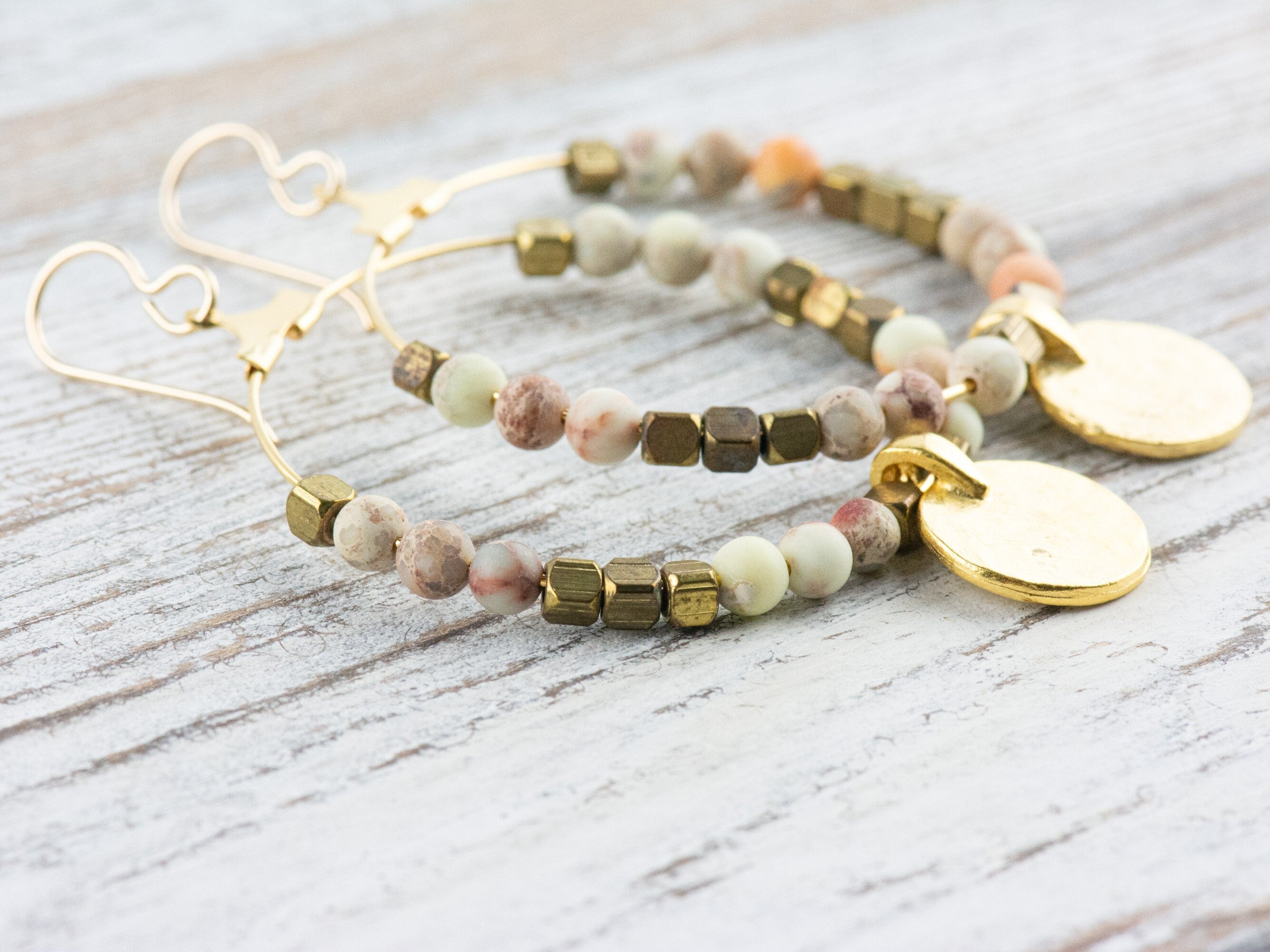 Natural White Impression Jasper Gold Coin Hoop Earrings • Gemstone Jewelry • Boho Dangle Earrings • Jewelry Gift for Her