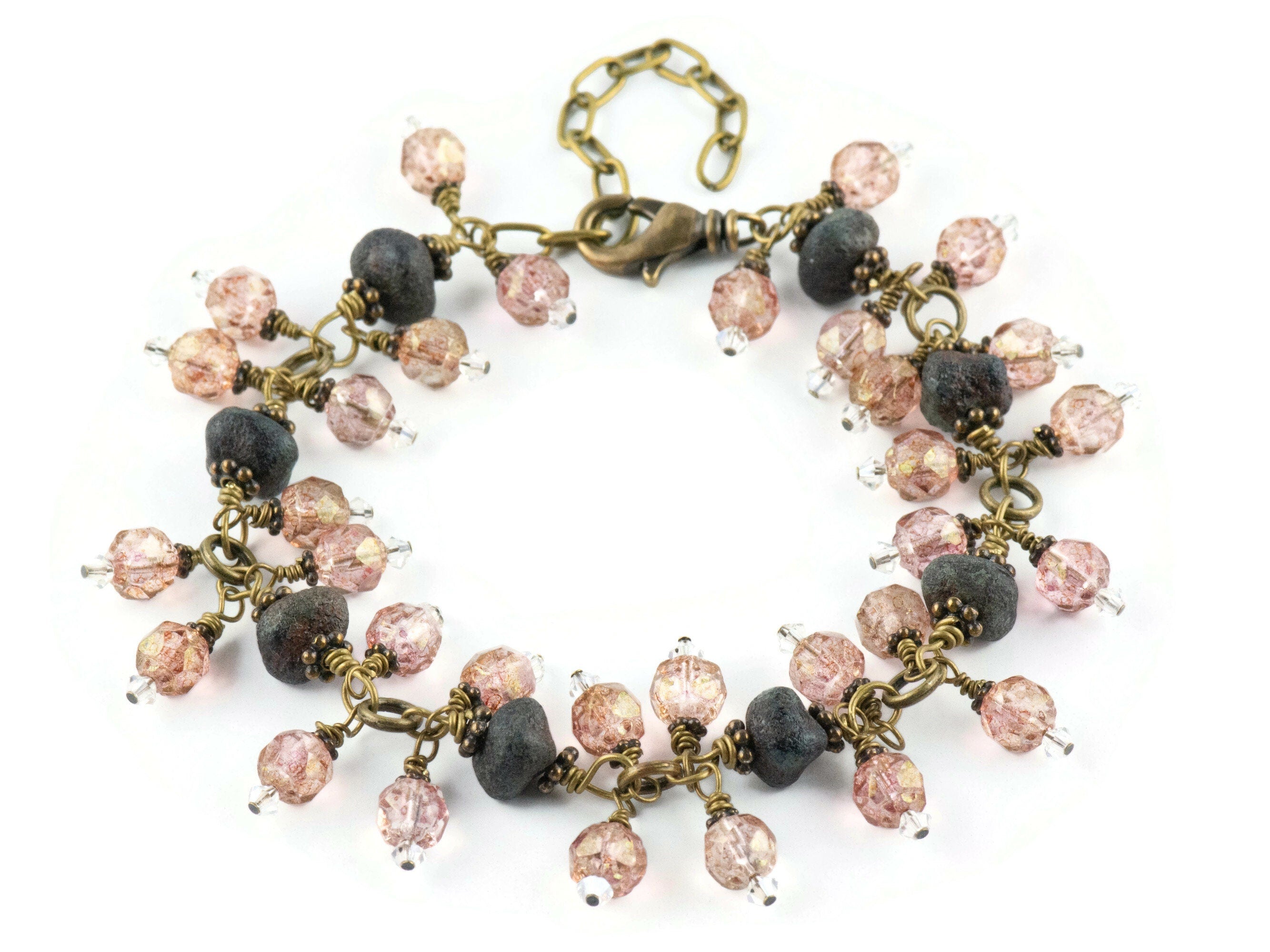 Vintage Pink Czech Glass and Black Stone Antique Brass Charm Bracelet / Brass Jewelry / Boho Bracelet / Handmade Gift