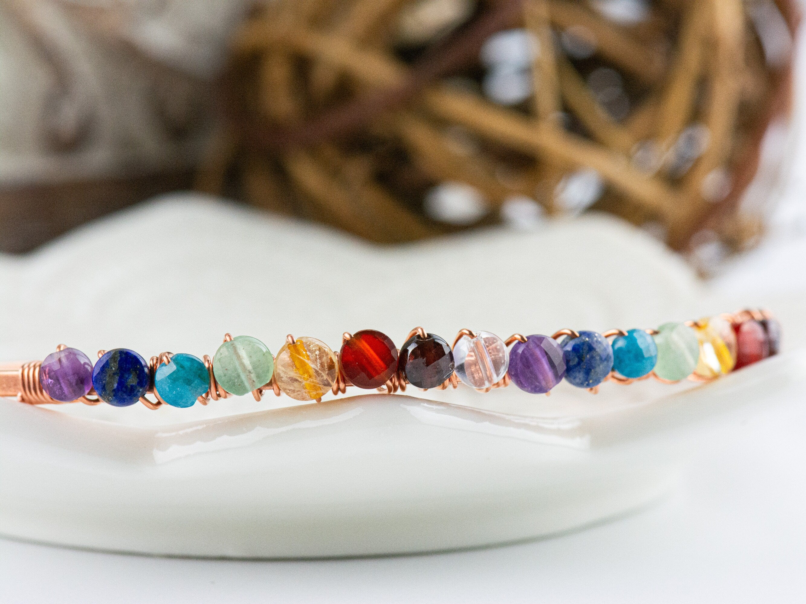 Wire Wrapped Gemstone Cuff Bracelet / Chakra Jewelry / Copper Bracelet