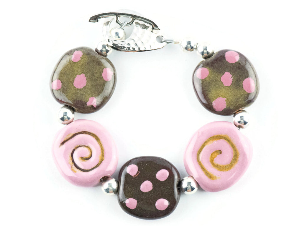 Strawberry Chocolate Polka Dot Ceramic Bead Bracelet / Kazuri Bead / Unique Jewelry