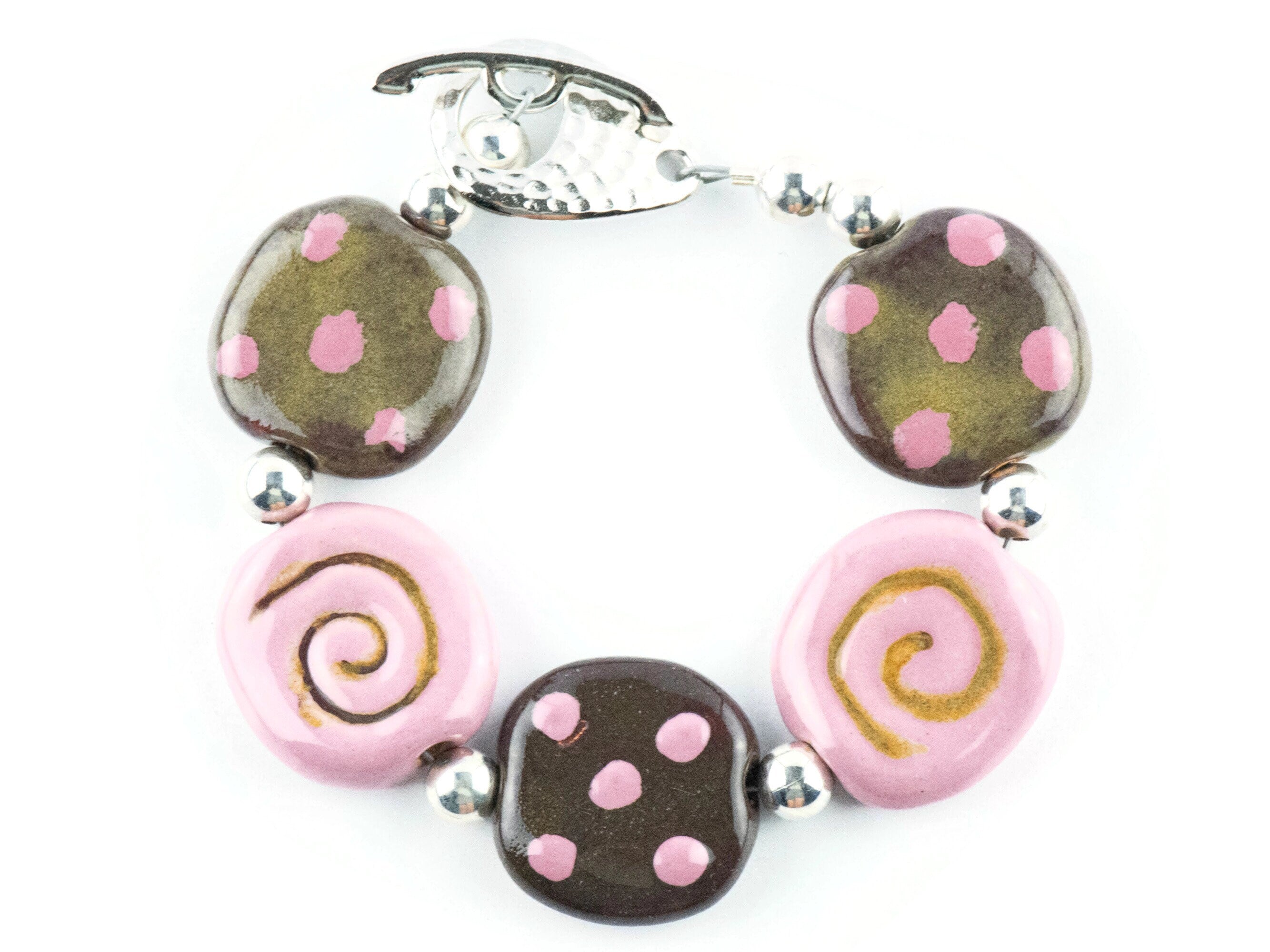Strawberry Chocolate Polka Dot Ceramic Bead Bracelet / Kazuri Bead / Unique Jewelry