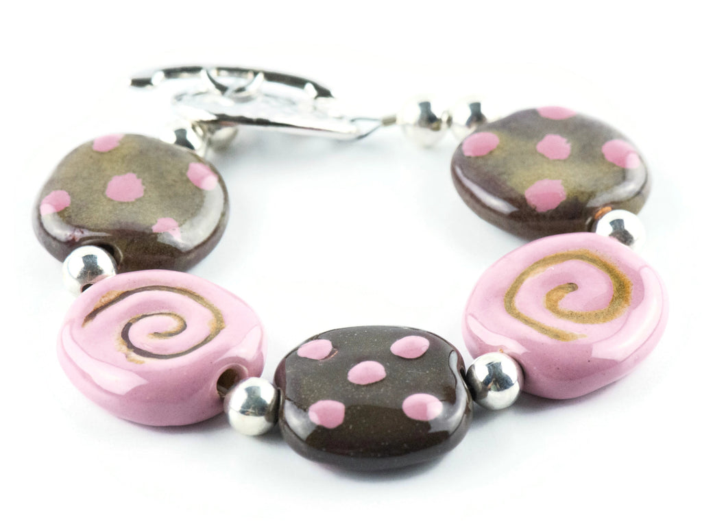 Strawberry Chocolate Polka Dot Ceramic Bead Bracelet / Kazuri Bead / Unique Jewelry