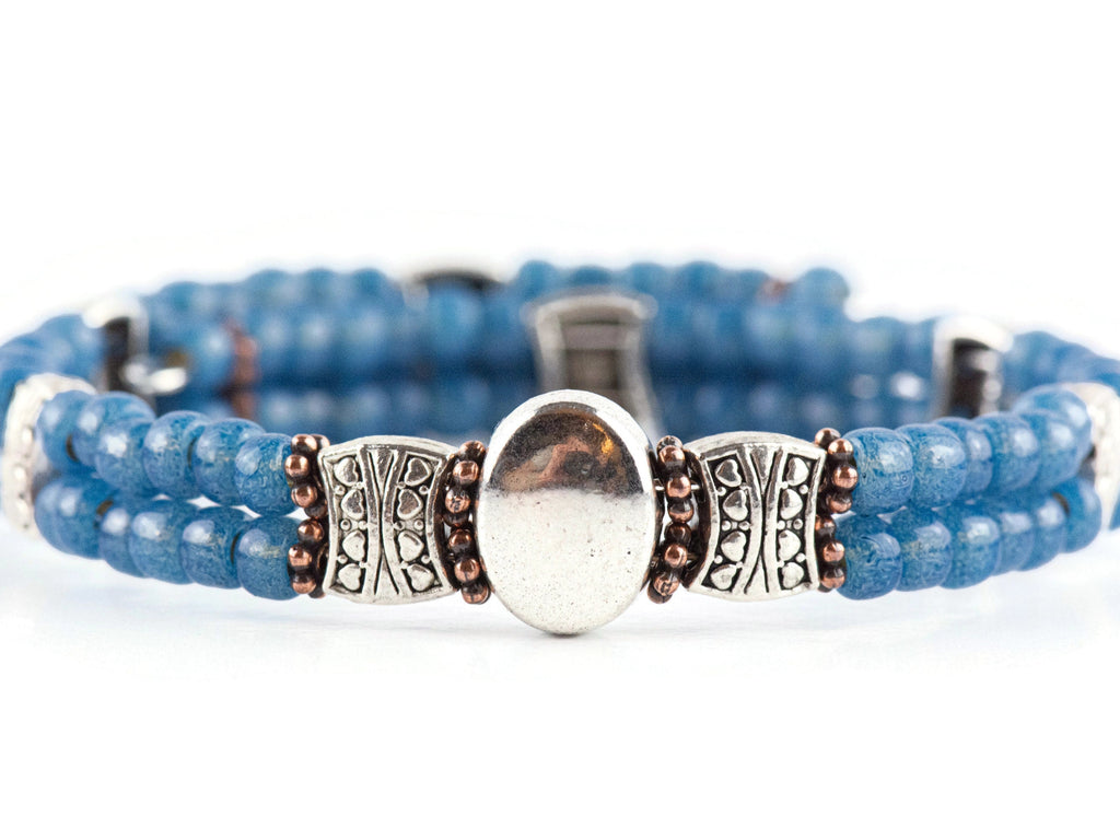 Button and Bows French Blue Cuff Memory Wire Bracelet on white background