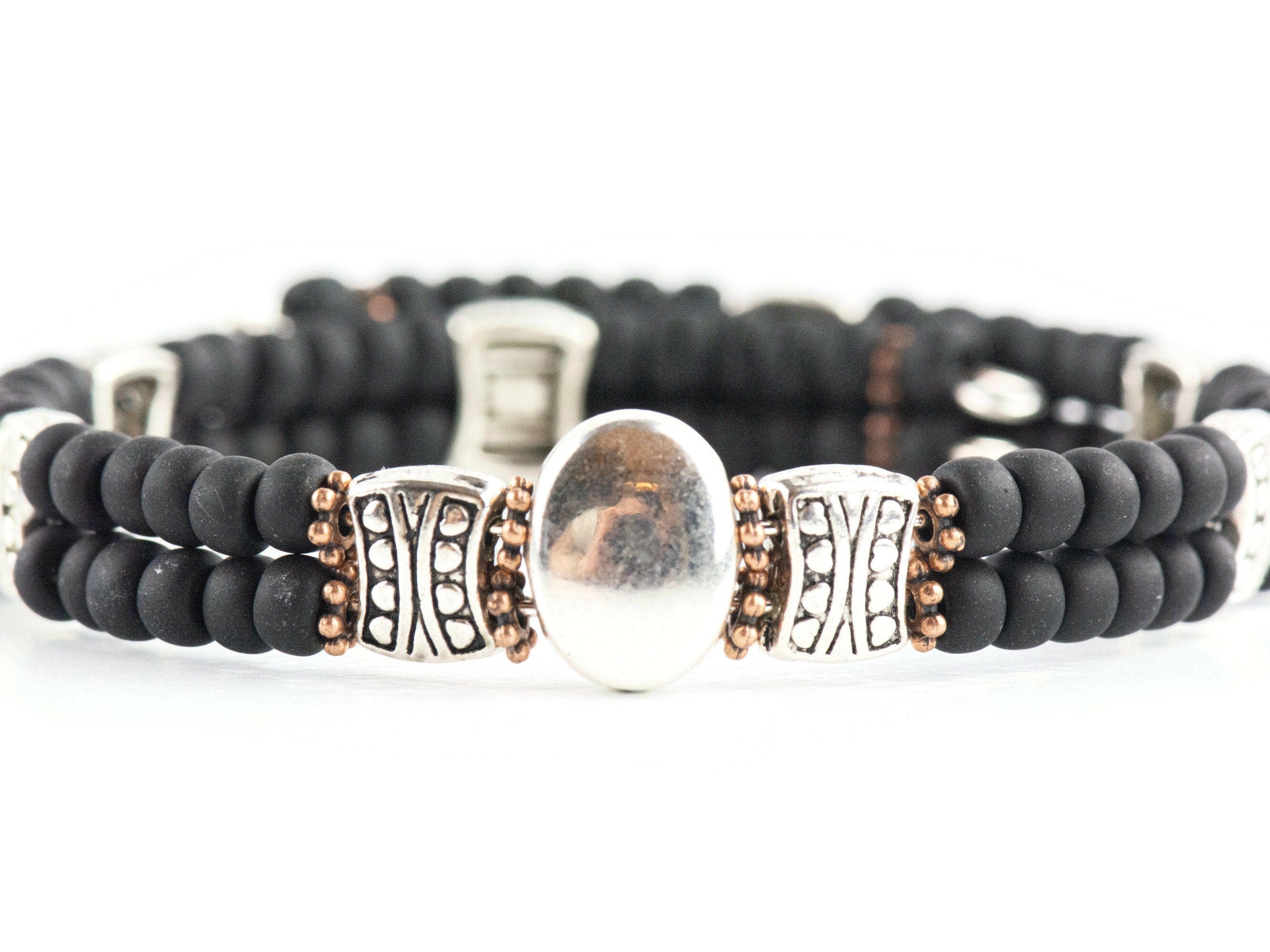 Button and Bows Jet Black Cuff Memory Wire Bracelet