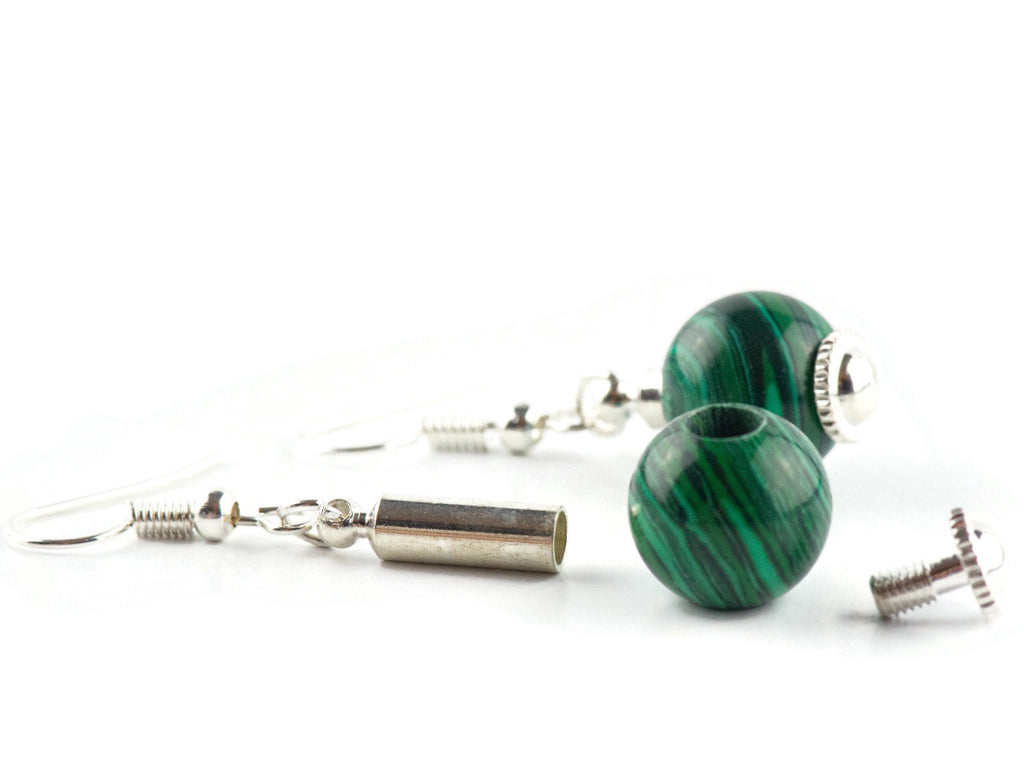 Emerald Green Malachite Gemstone Earrings / Silver Plated / Interchangeable Earrings for Large Hole Beads
