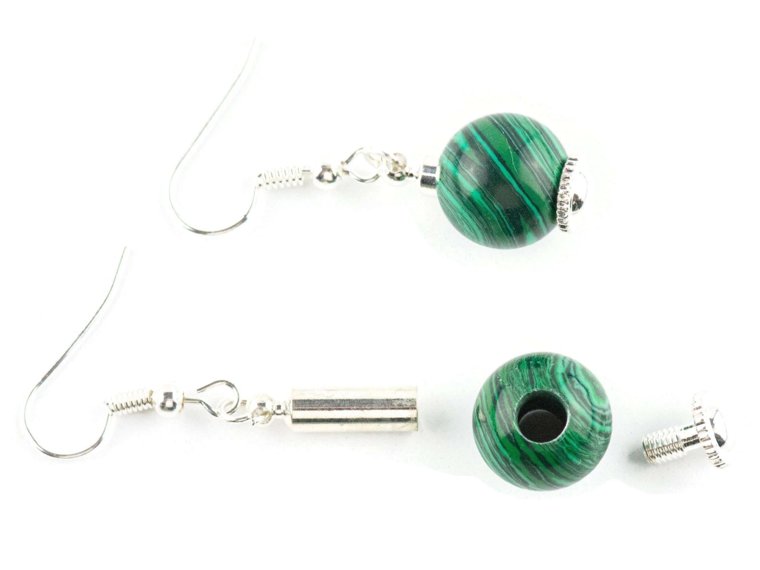 Emerald Green Malachite Gemstone Earrings / Silver Plated / Interchangeable Earrings for Large Hole Beads