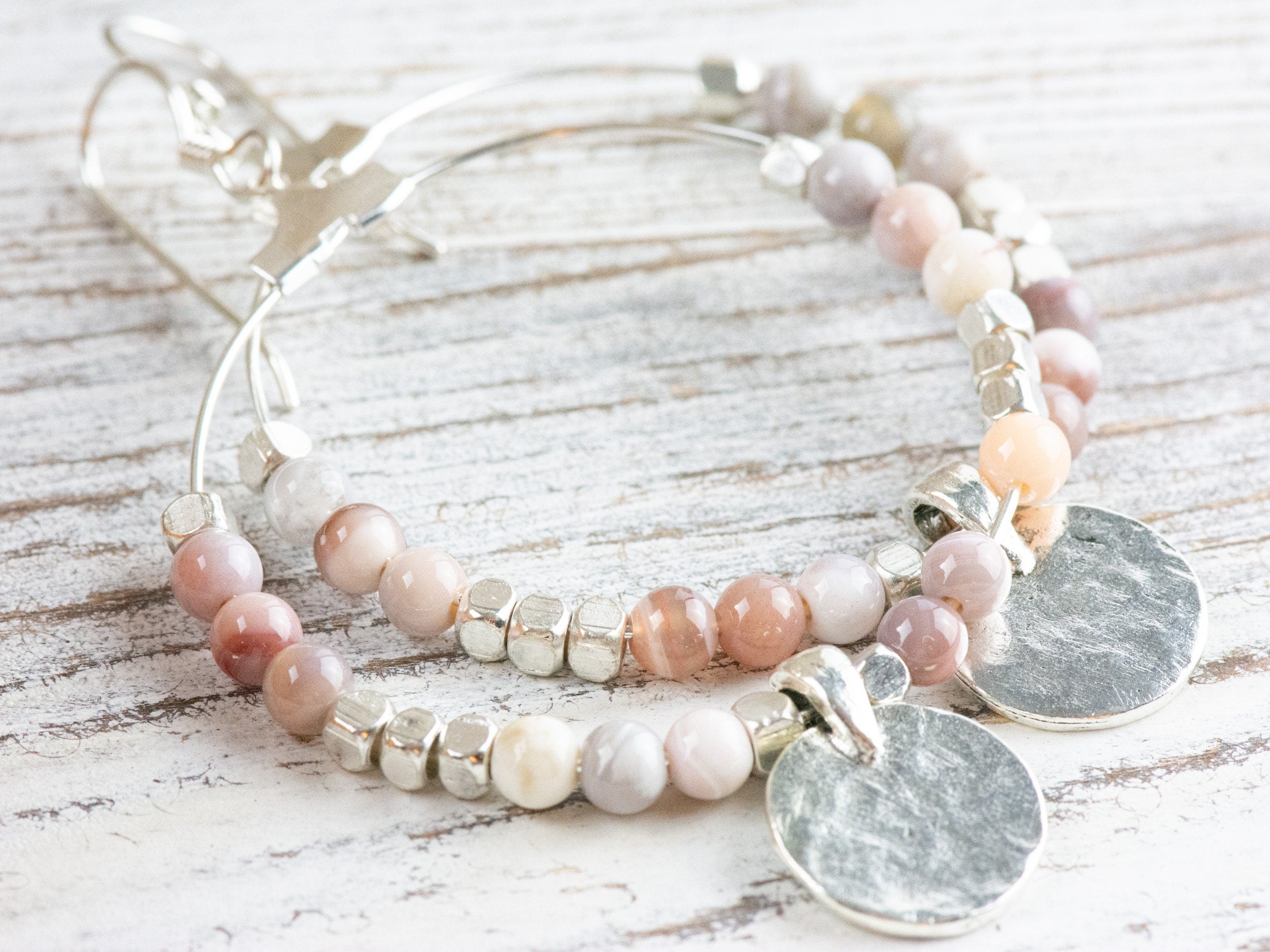 Pink Botswana Agate Silver Coin Hoop Earrings • Gemstone Jewelry • Boho Dangle Earrings • Jewelry Gift for Her