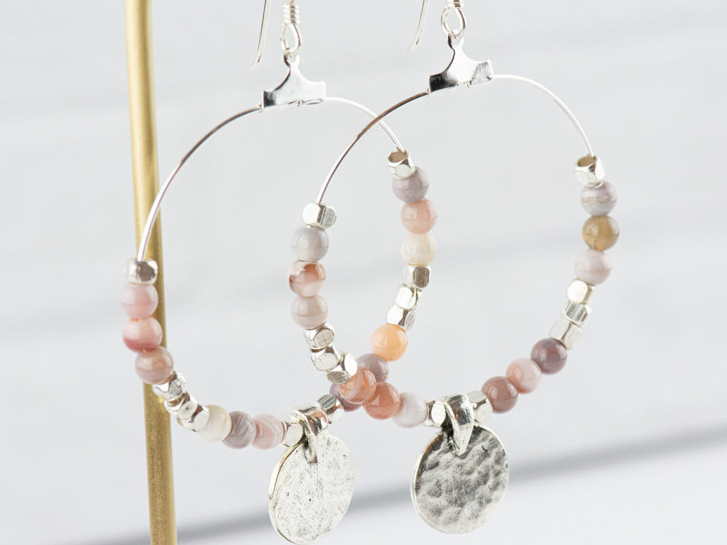 Pink Botswana Agate Silver Coin Hoop Earrings • Gemstone Jewelry • Boho Dangle Earrings • Jewelry Gift for Her