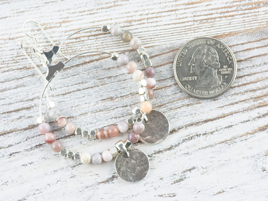 Pink Botswana Agate Silver Coin Hoop Earrings • Gemstone Jewelry • Boho Dangle Earrings • Jewelry Gift for Her