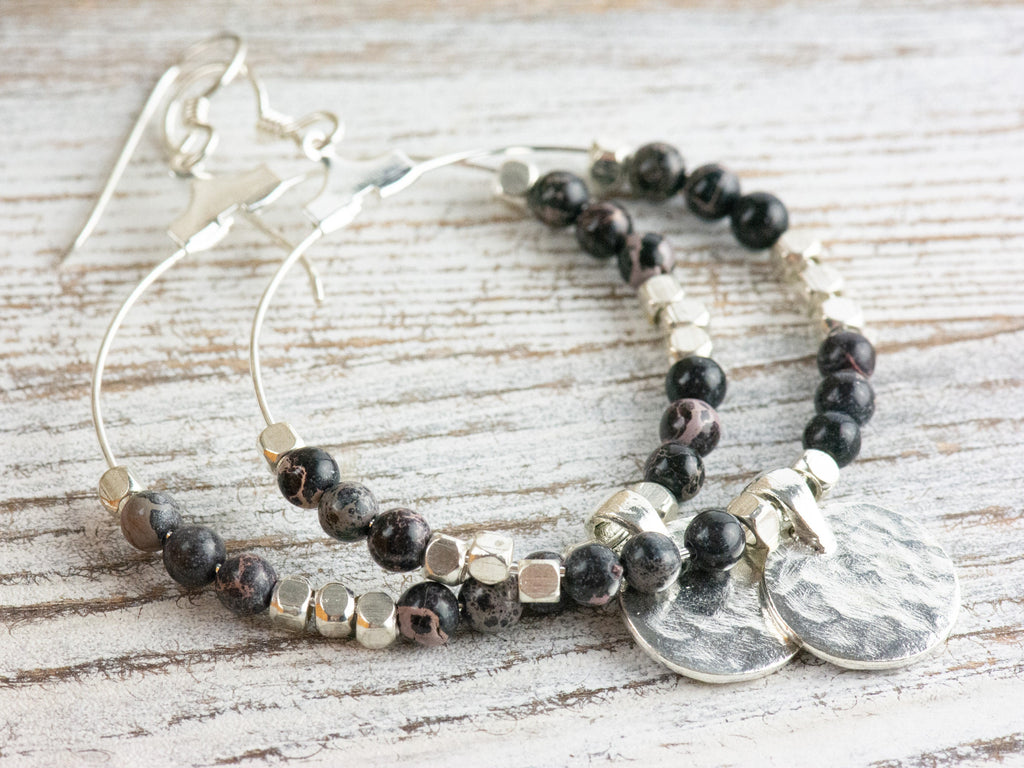 Black Imperial Jasper Silver Coin Hoop Earrings • Gemstone Jewelry • Boho Dangle Earrings • Jewelry Gift for Her
