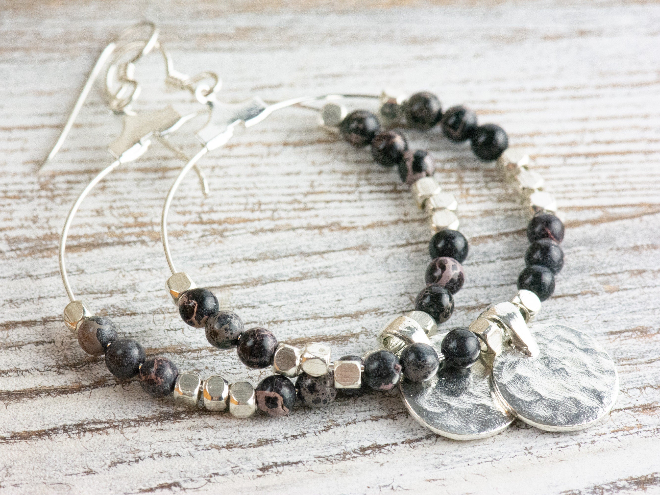 Black Imperial Jasper Silver Coin Hoop Earrings • Gemstone Jewelry • Boho Dangle Earrings • Jewelry Gift for Her