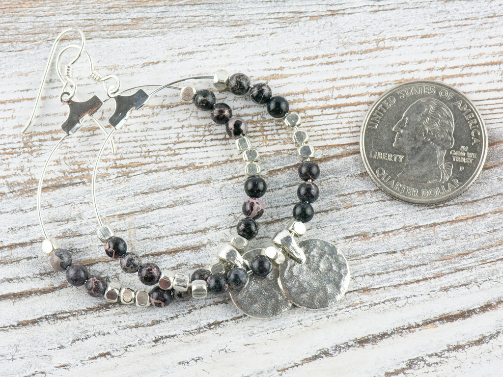Black Imperial Jasper Silver Coin Hoop Earrings • Gemstone Jewelry • Boho Dangle Earrings • Jewelry Gift for Her