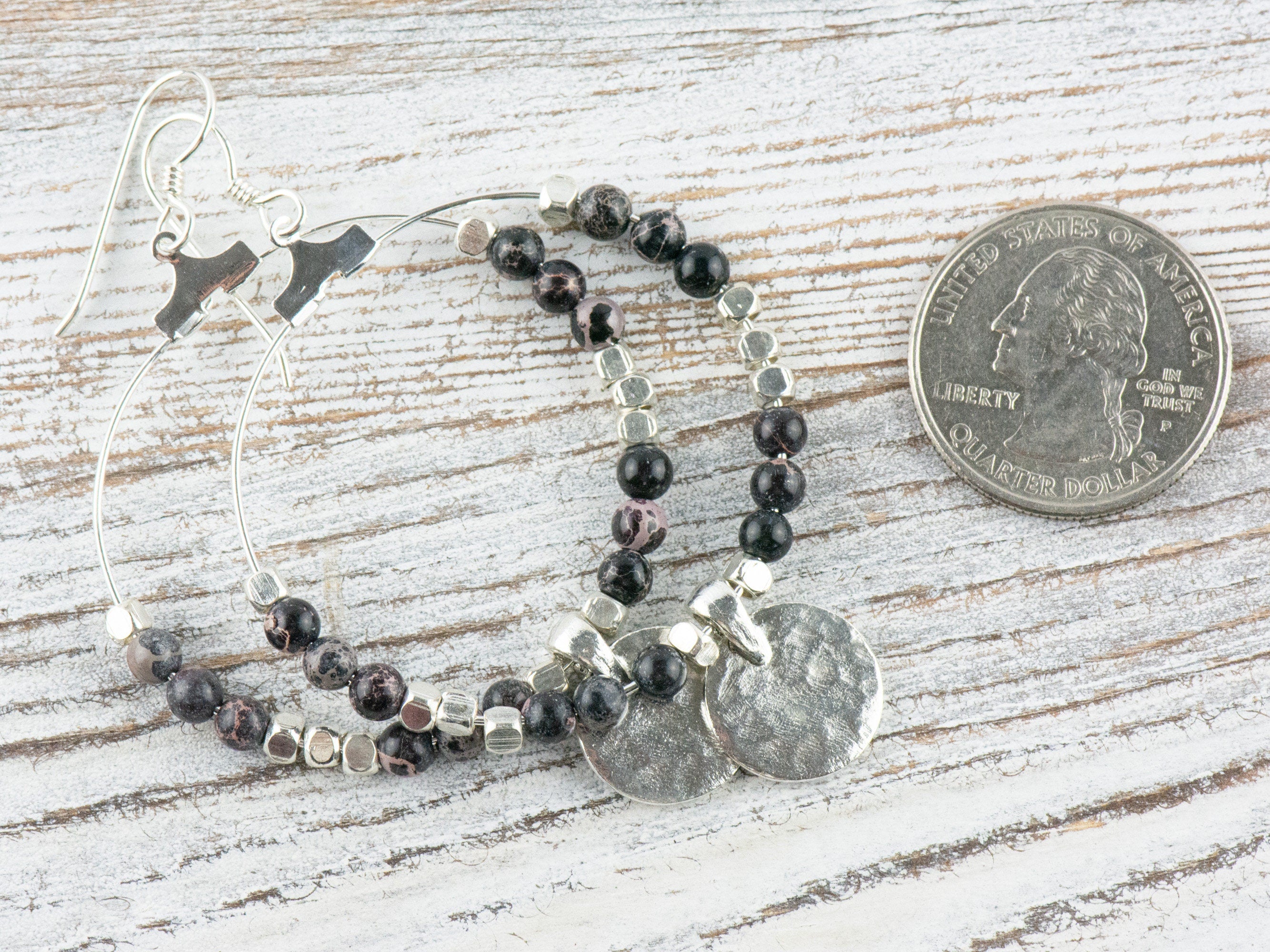 Black Imperial Jasper Silver Coin Hoop Earrings • Gemstone Jewelry • Boho Dangle Earrings • Jewelry Gift for Her