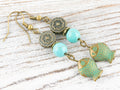 Brass Beaded Fish Earrings with Nautical Ocean Blue Patina • Turquoise Summer Jewelry