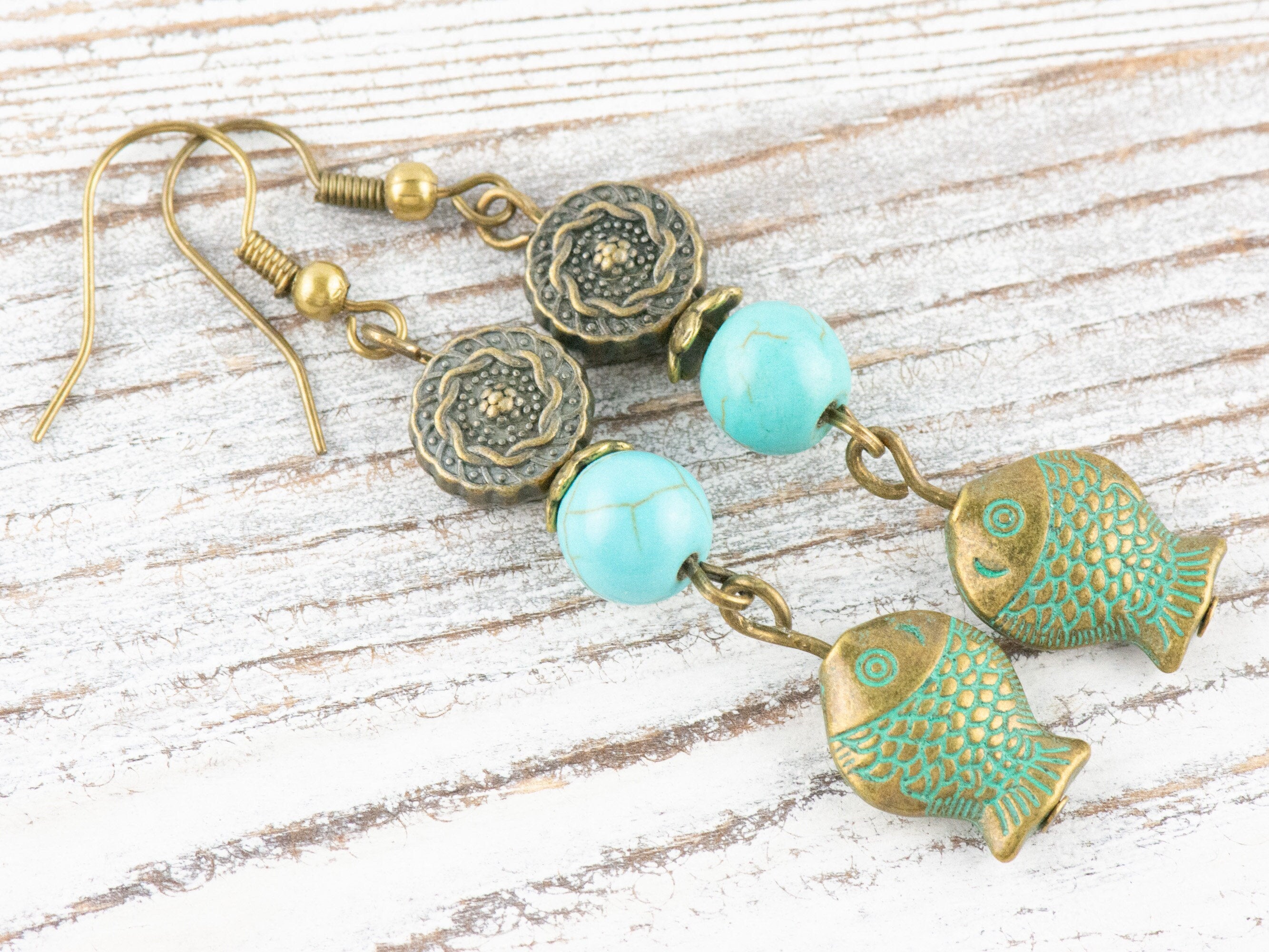 Brass Beaded Fish Earrings with Nautical Ocean Blue Patina • Turquoise Summer Jewelry