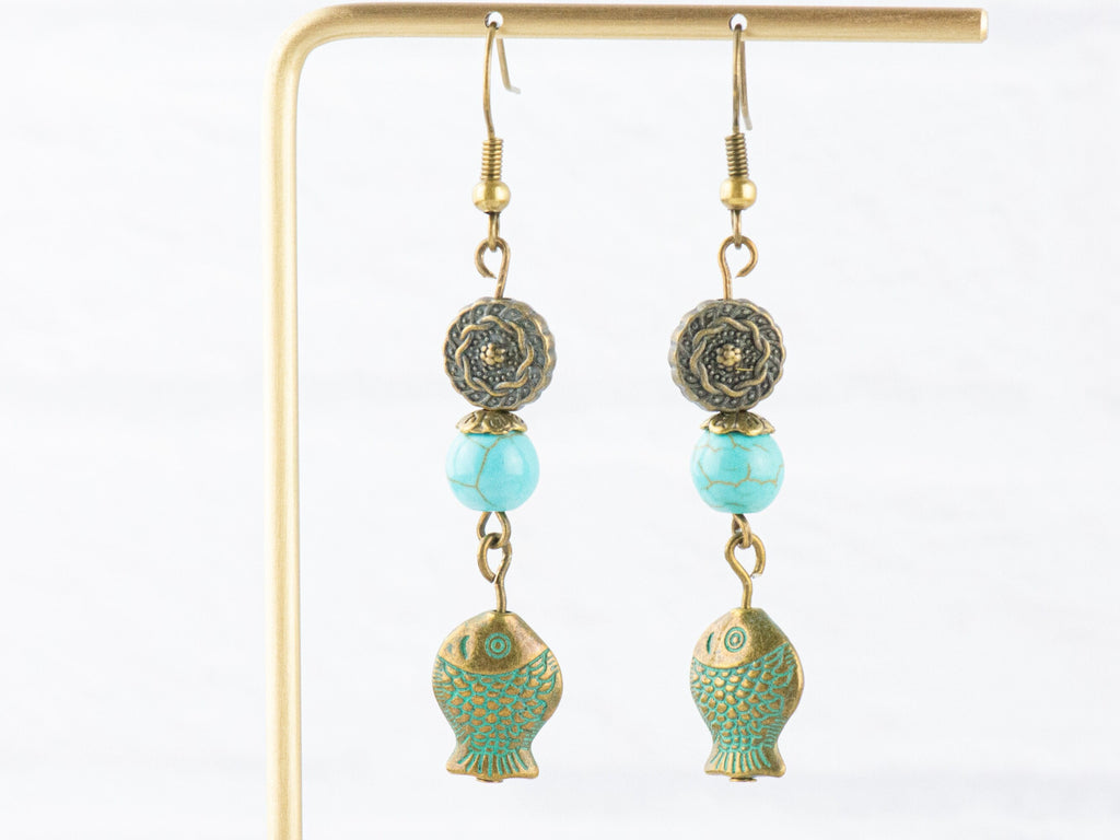 Brass Beaded Fish Earrings with Nautical Ocean Blue Patina • Turquoise Summer Jewelry