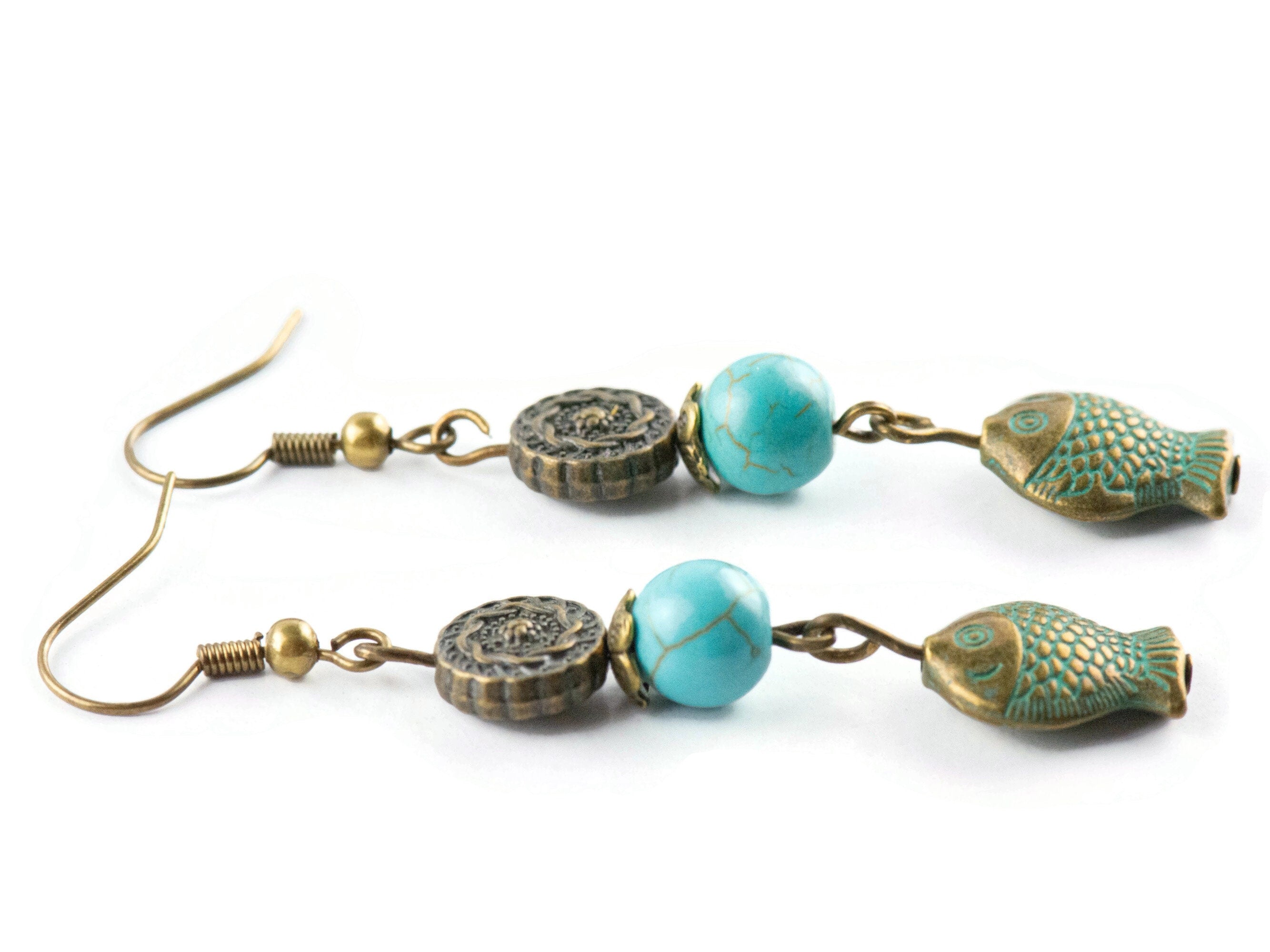 Brass Beaded Fish Earrings with Nautical Ocean Blue Patina • Turquoise Summer Jewelry