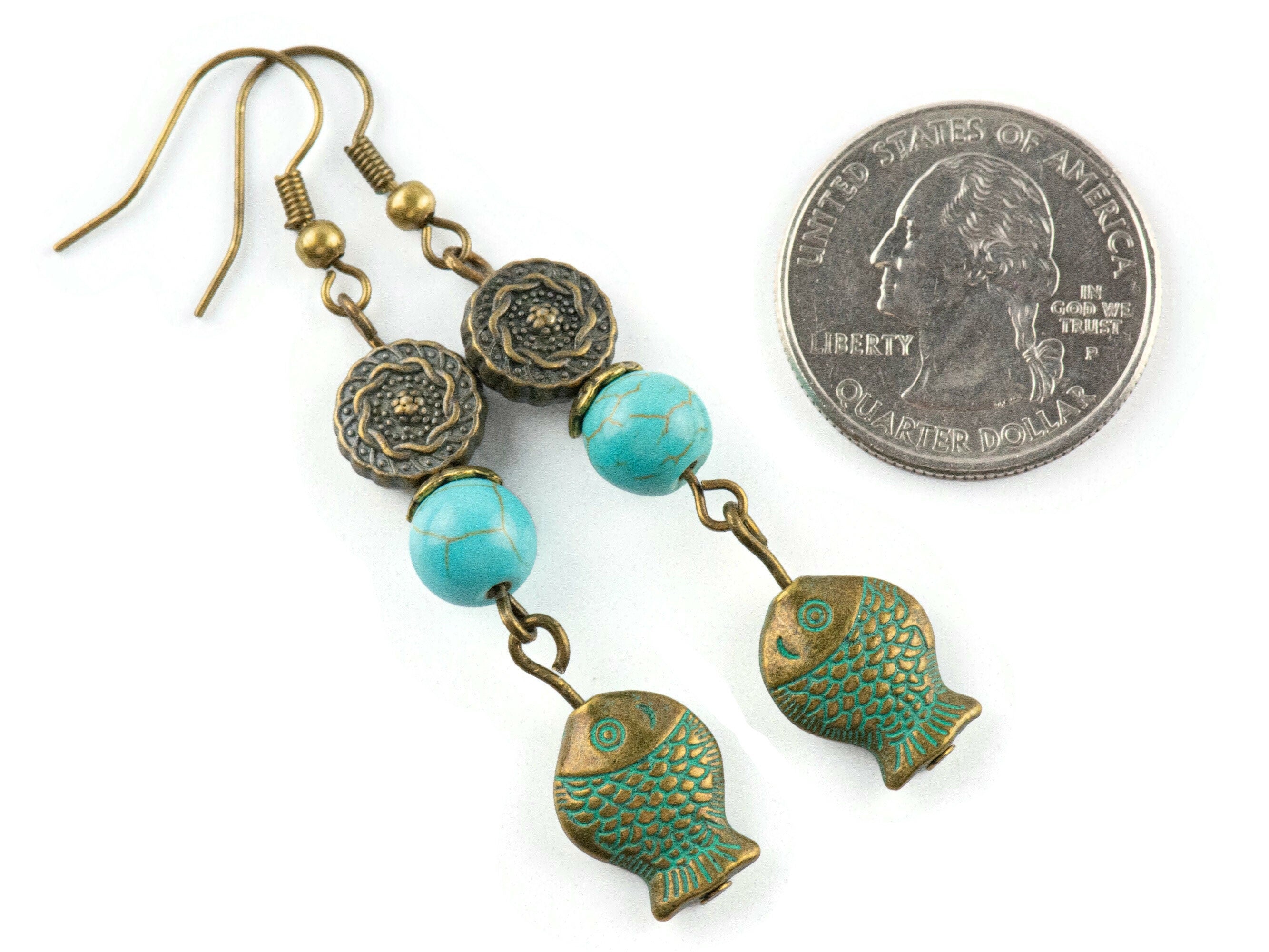 Brass Beaded Fish Earrings with Nautical Ocean Blue Patina • Turquoise Summer Jewelry