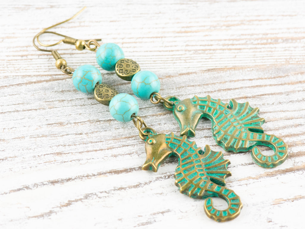 Nautical Seahorse Brass Earrings with Ocean Blue Patina • Turquoise Summer Jewelry