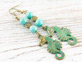 Nautical Seahorse Brass Earrings with Ocean Blue Patina • Turquoise Summer Jewelry