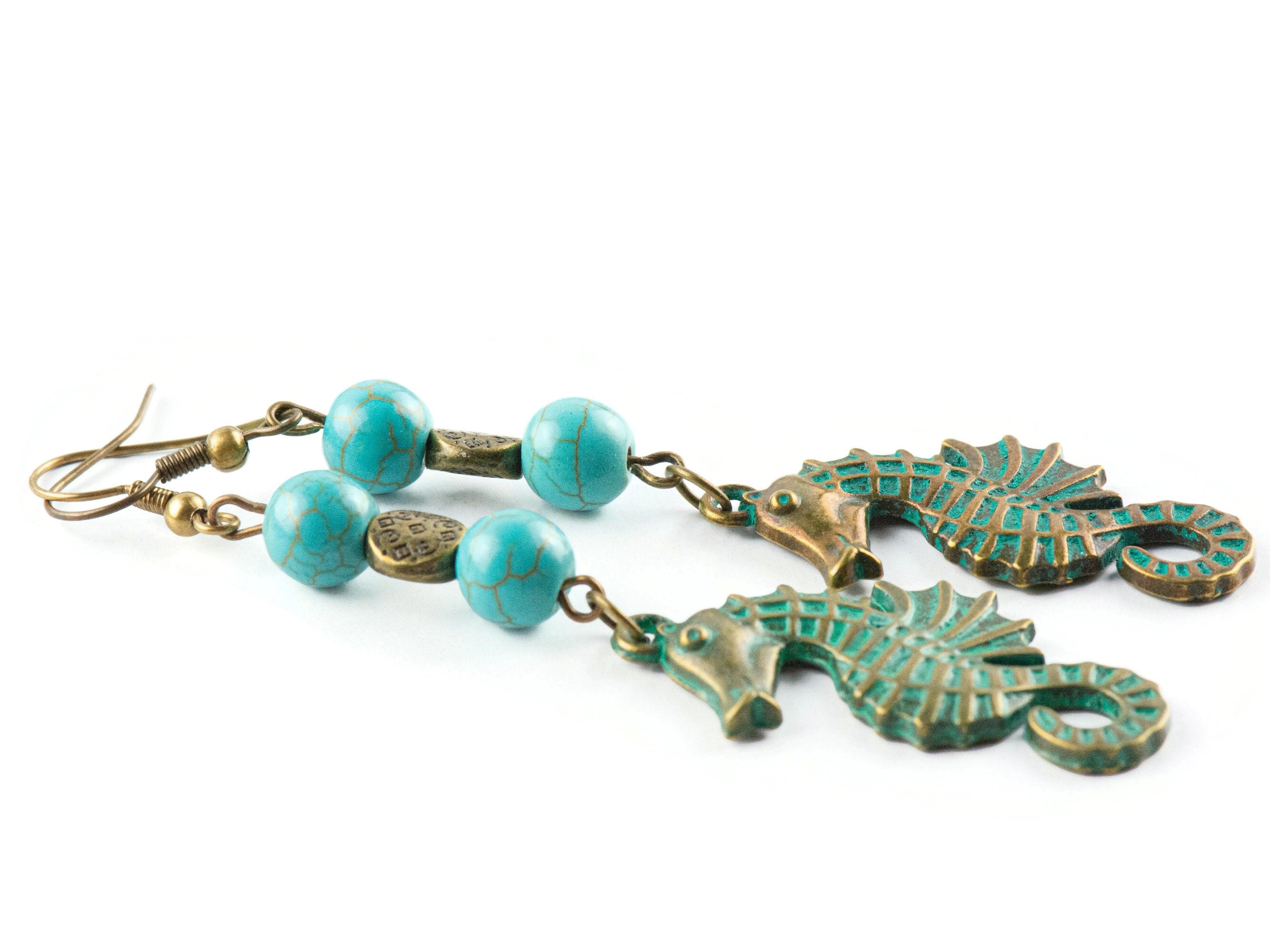 Nautical Seahorse Brass Earrings with Ocean Blue Patina • Turquoise Summer Jewelry