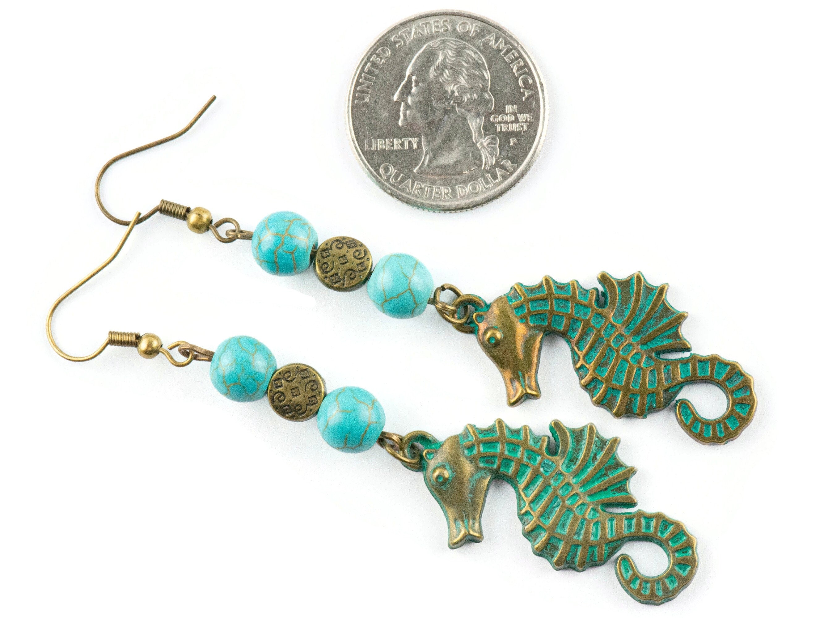 Nautical Seahorse Brass Earrings with Ocean Blue Patina • Turquoise Summer Jewelry