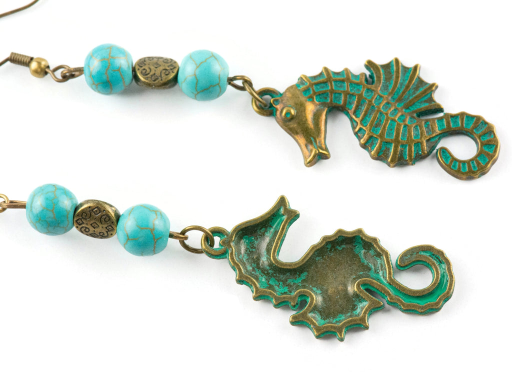 Nautical Seahorse Brass Earrings with Ocean Blue Patina • Turquoise Summer Jewelry