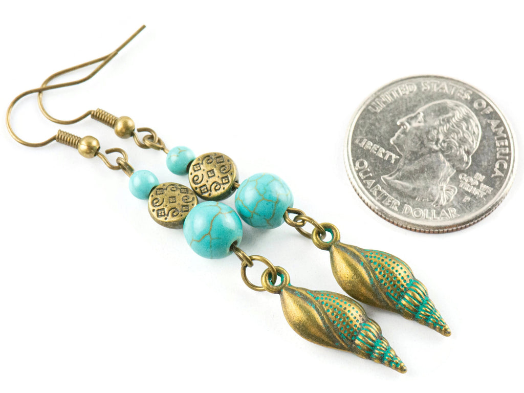 Nautical Spindle Seashell Brass Earrings with Ocean Blue Patina • Turquoise Summer Jewelry