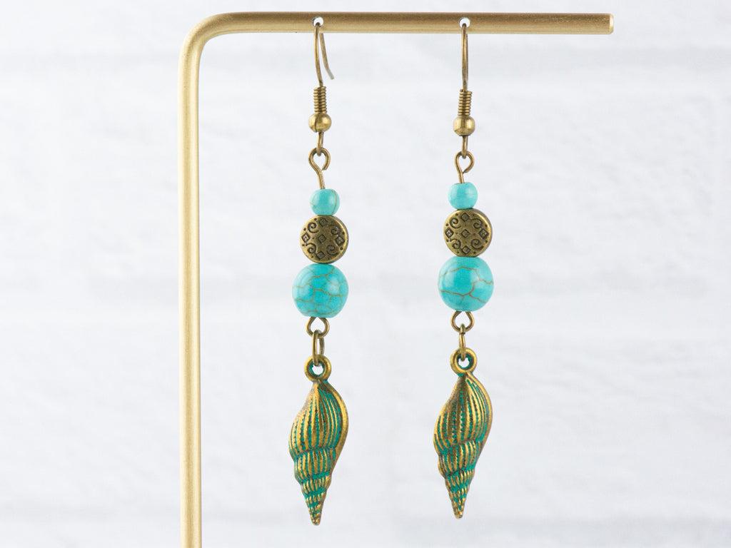 Nautical Spindle Seashell Brass Earrings with Ocean Blue Patina • Turquoise Summer Jewelry