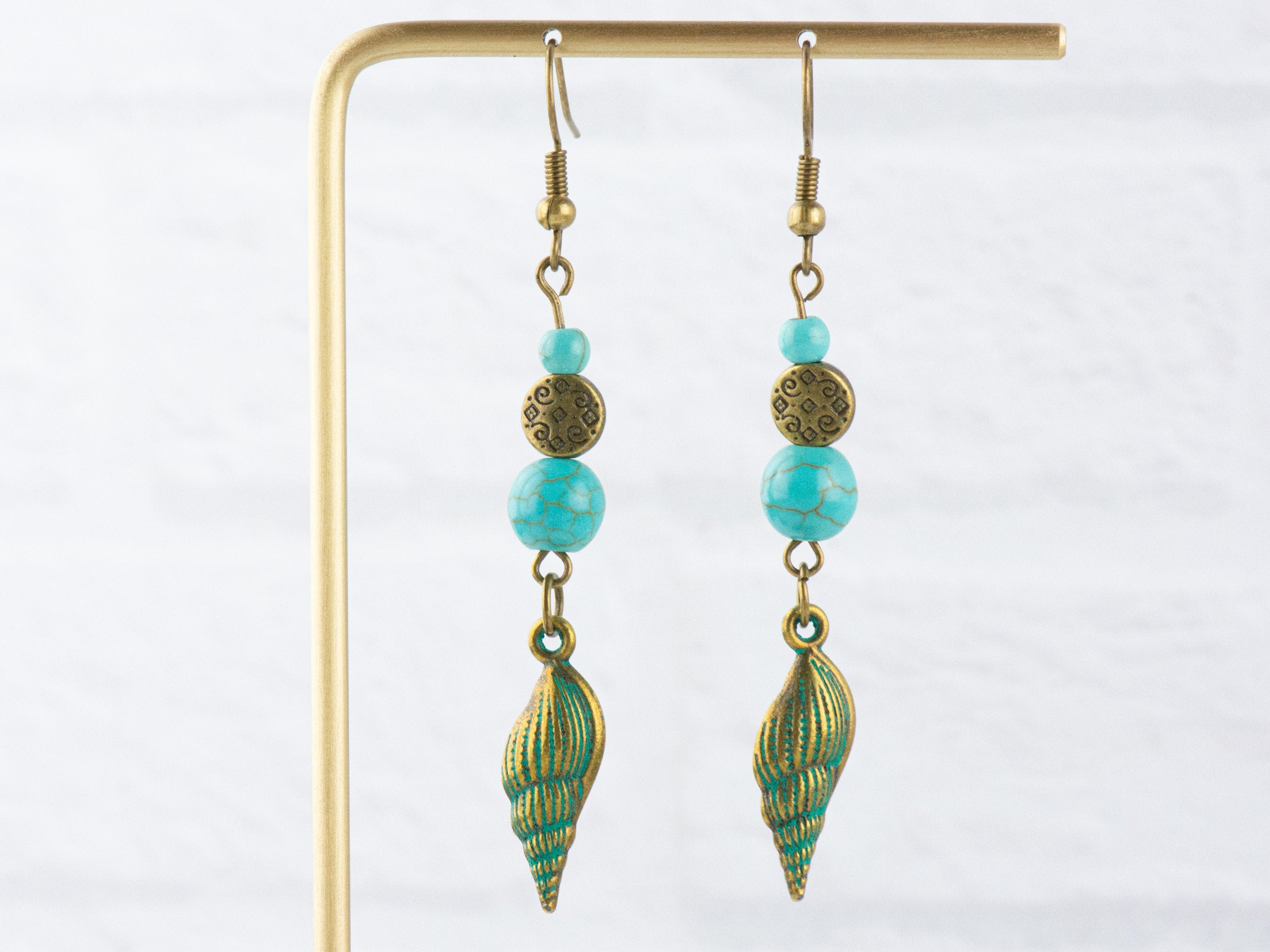 Nautical Spindle Seashell Brass Earrings with Ocean Blue Patina • Turquoise Summer Jewelry