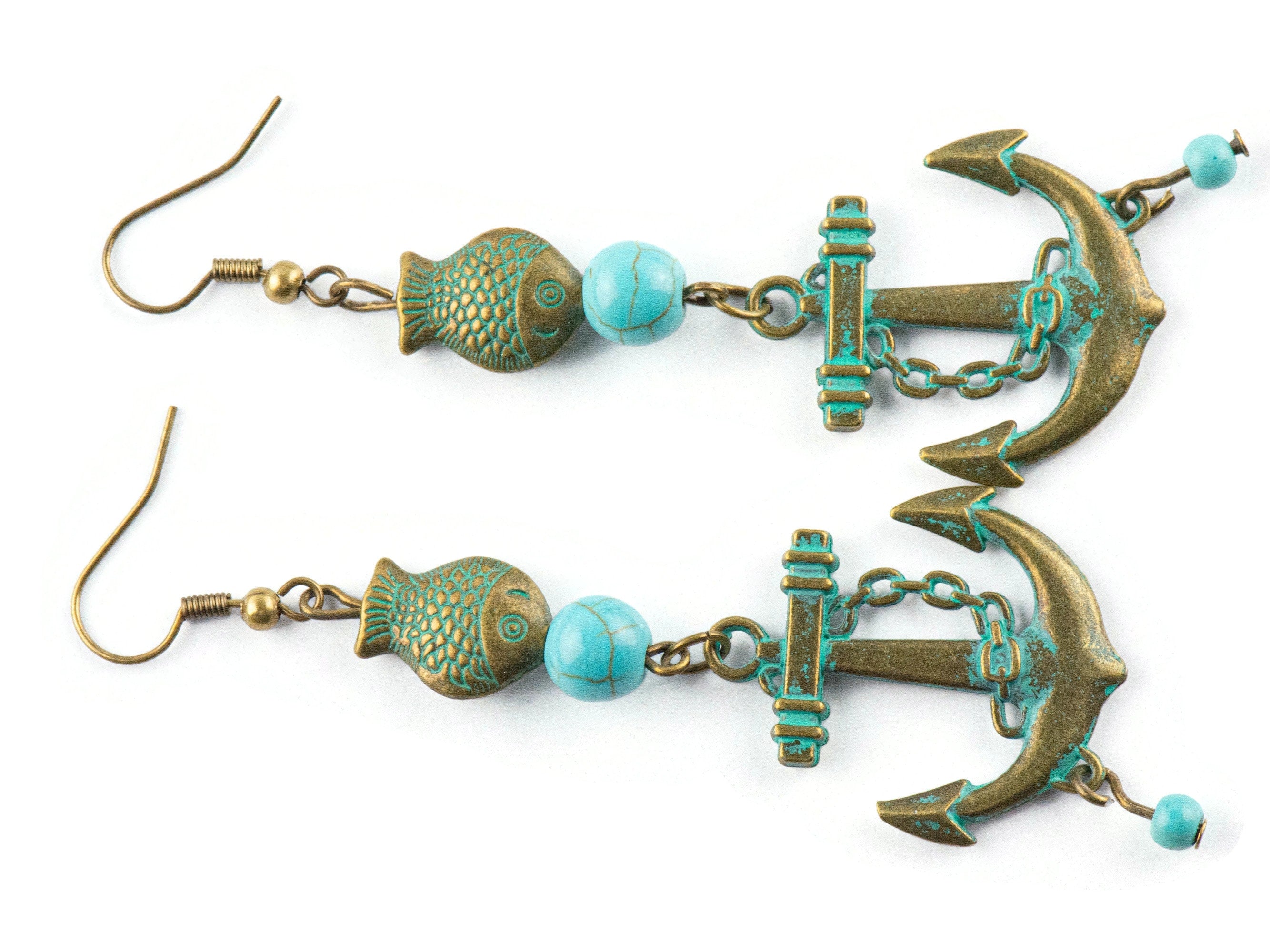 Nautical Anchor and Brass Fish Earrings with Ocean Blue Patina • Turquoise Summer Jewelry