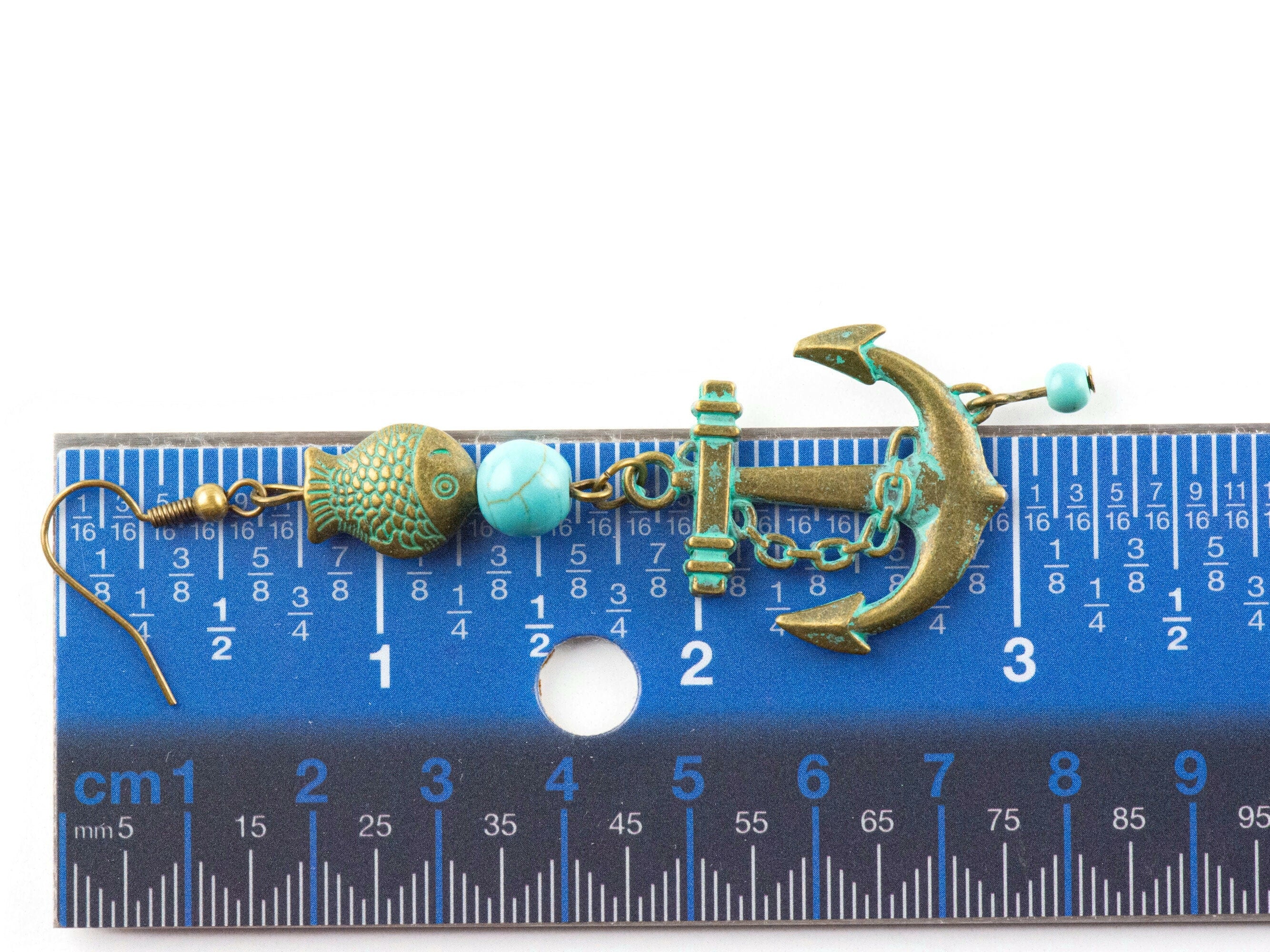 Nautical Anchor and Brass Fish Earrings with Ocean Blue Patina • Turquoise Summer Jewelry