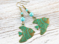 Tropical Fish Brass Earrings with Ocean Blue Patina • Turquoise Summer Jewelry