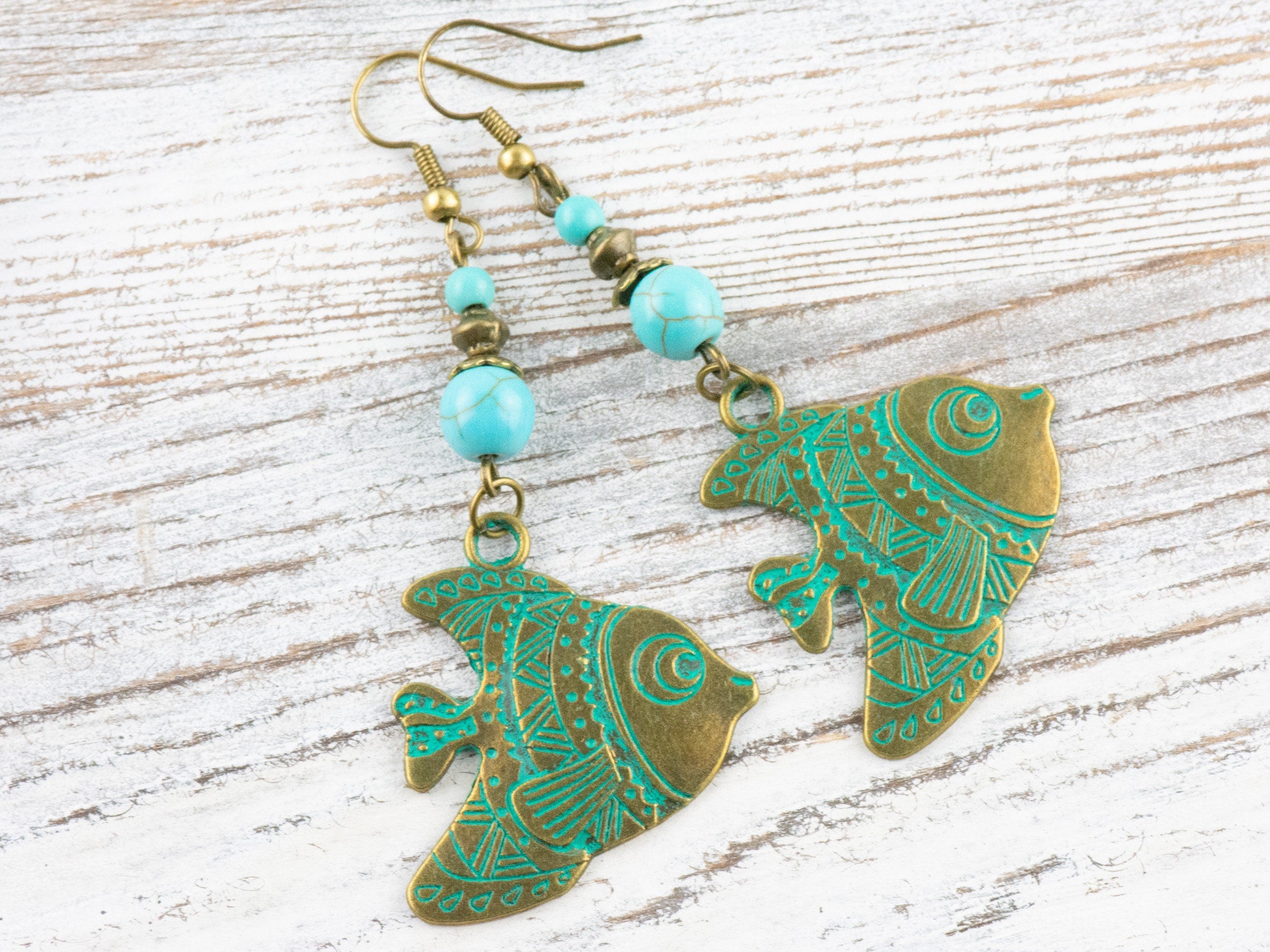 Tropical Fish Brass Earrings with Ocean Blue Patina • Turquoise Summer Jewelry