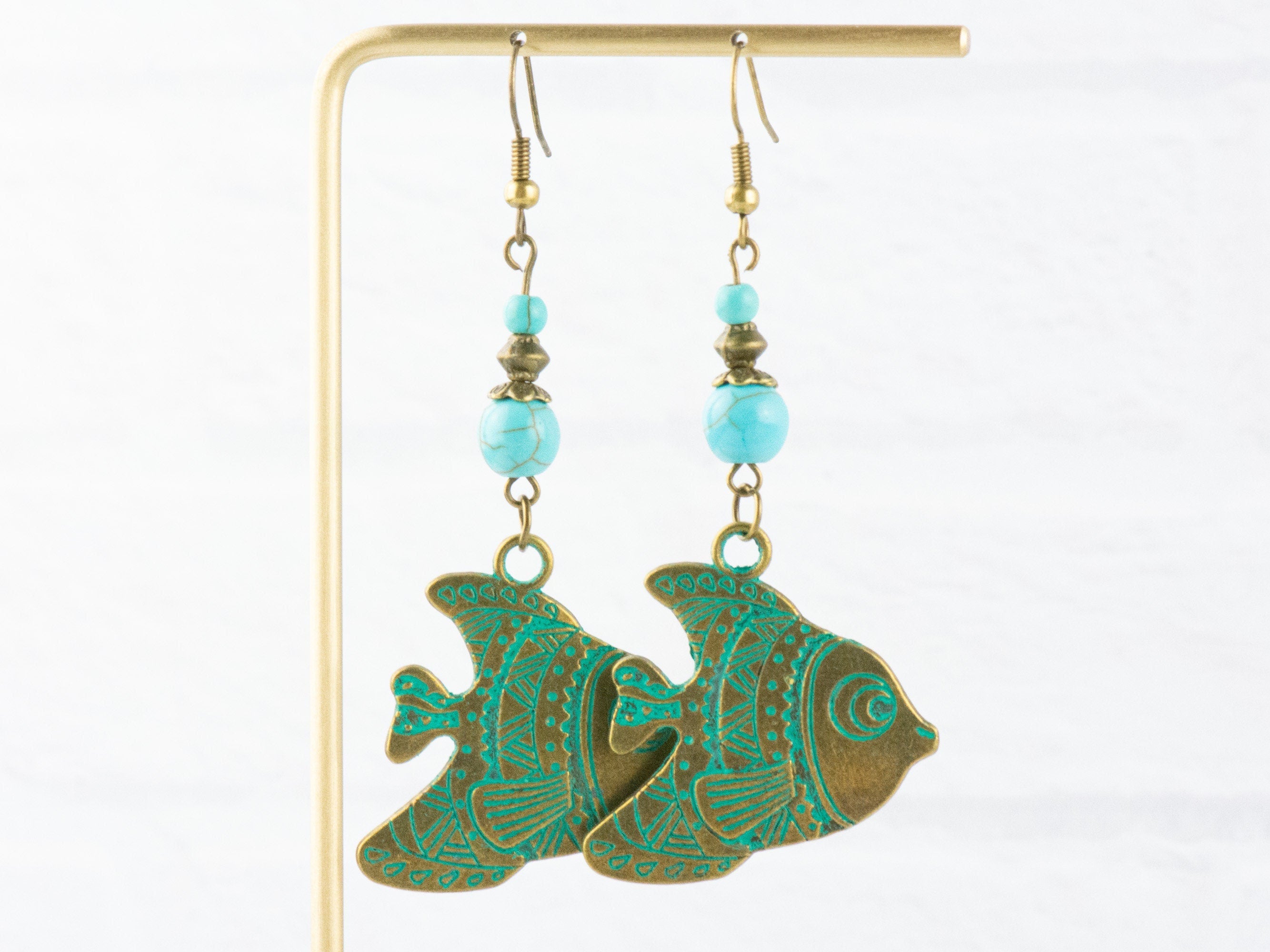 Tropical Fish Brass Earrings with Ocean Blue Patina • Turquoise Summer Jewelry