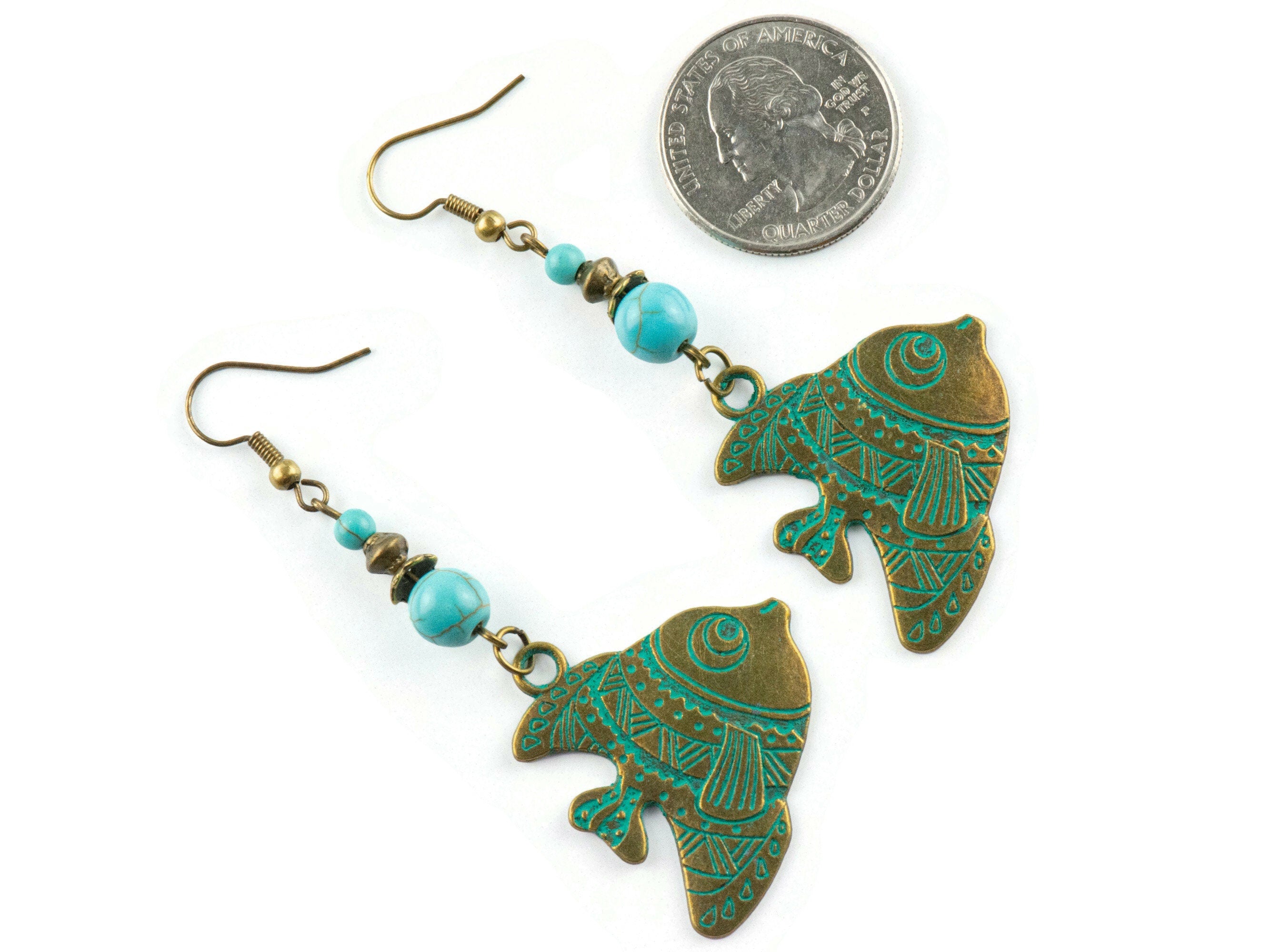 Tropical Fish Brass Earrings with Ocean Blue Patina • Turquoise Summer Jewelry