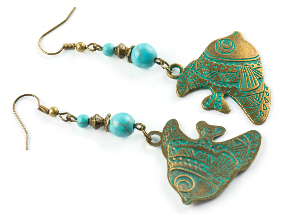 Tropical Fish Brass Earrings with Ocean Blue Patina • Turquoise Summer Jewelry