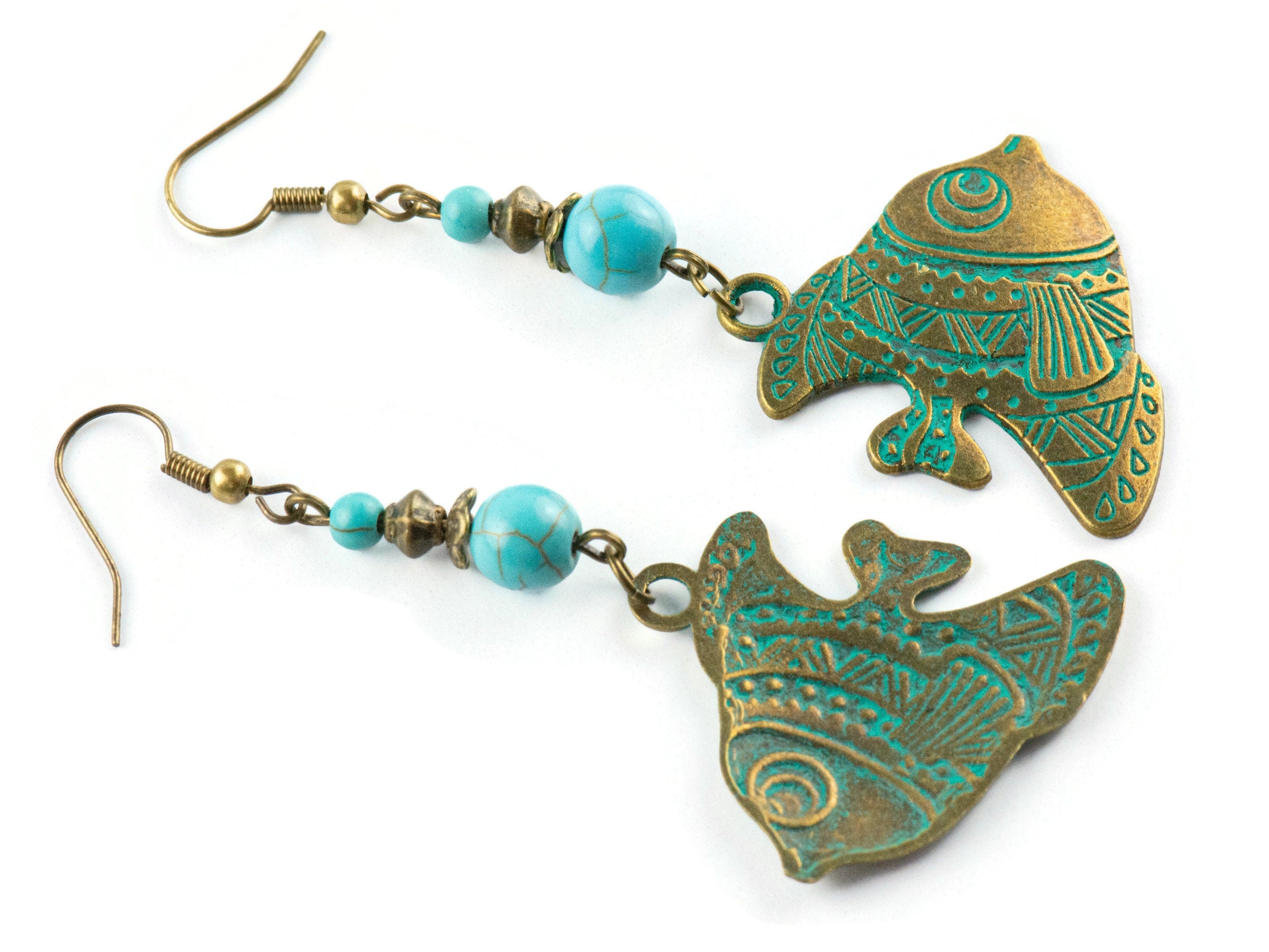 Tropical Fish Brass Earrings with Ocean Blue Patina • Turquoise Summer Jewelry