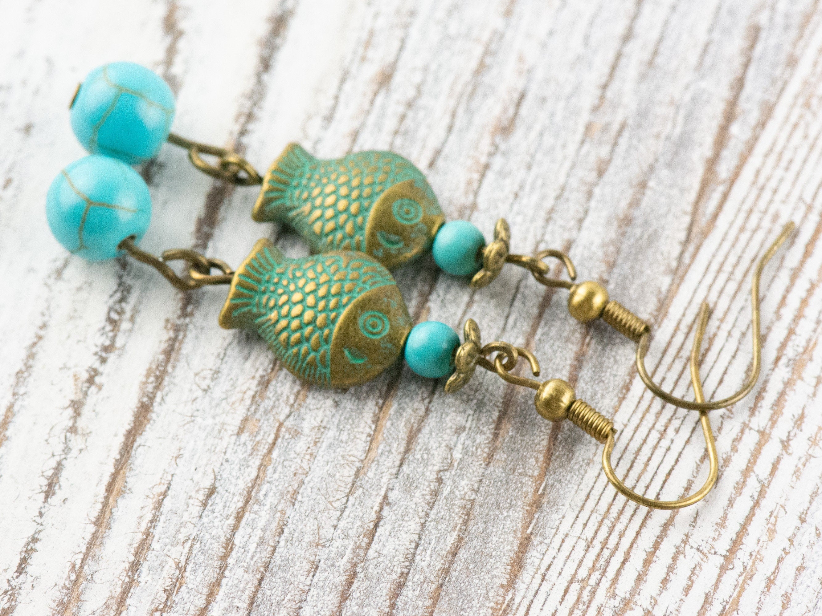Brass Fish Earrings with Nautical Ocean Blue Patina • Turquoise Summer Jewelry