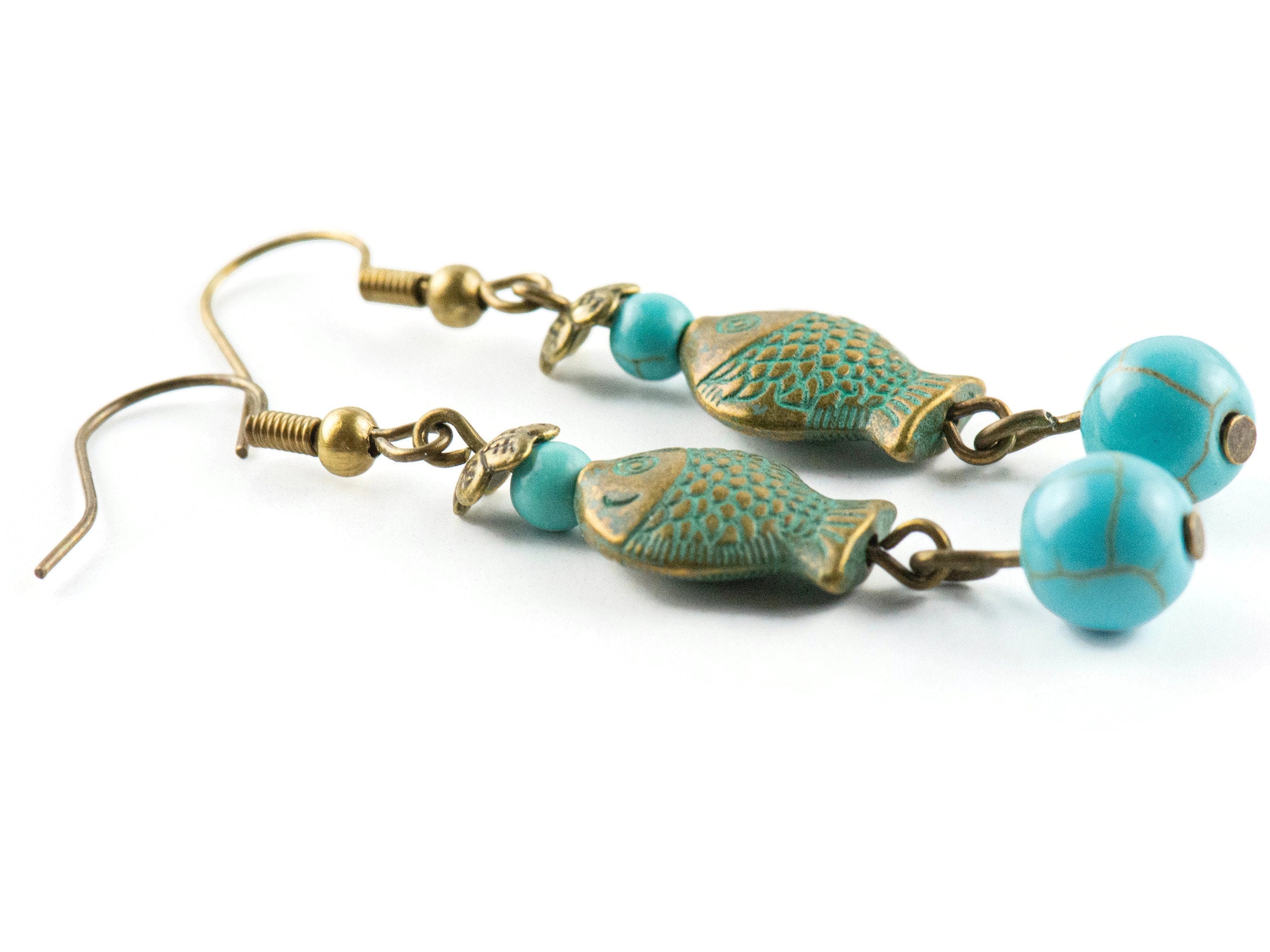 Brass Fish Earrings with Nautical Ocean Blue Patina • Turquoise Summer Jewelry