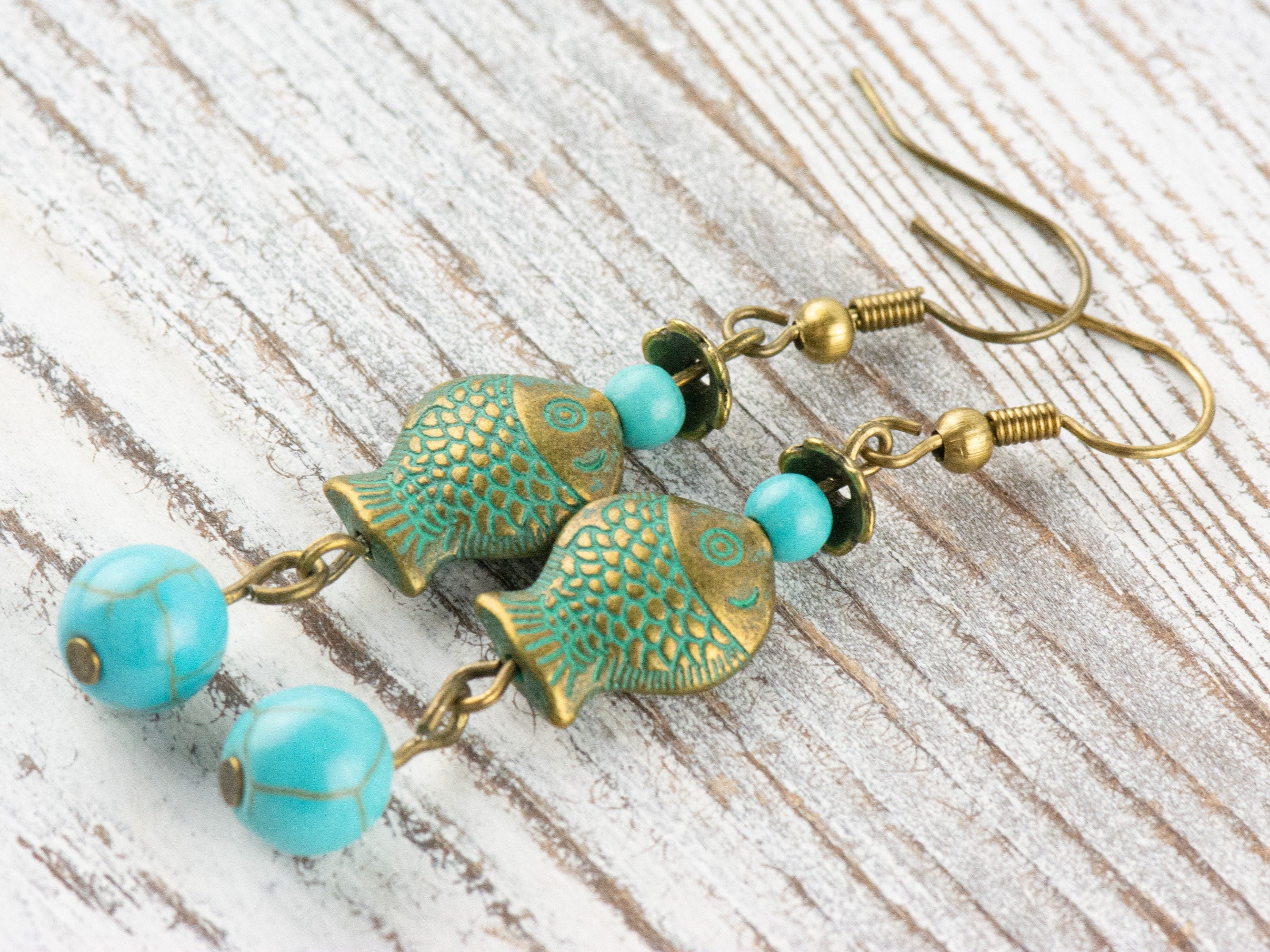 Brass Fish Earrings with Nautical Ocean Blue Patina • Turquoise Summer Jewelry